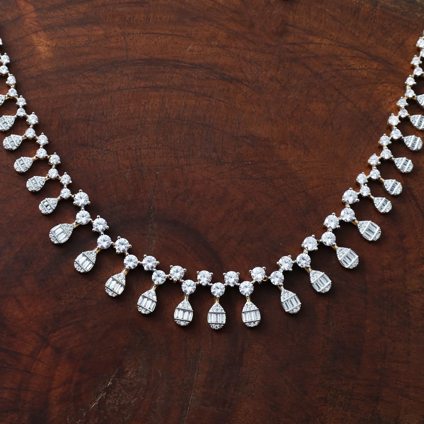ZIRCON NECKLACE SET NN98 - WHITE - Two Tone Polish