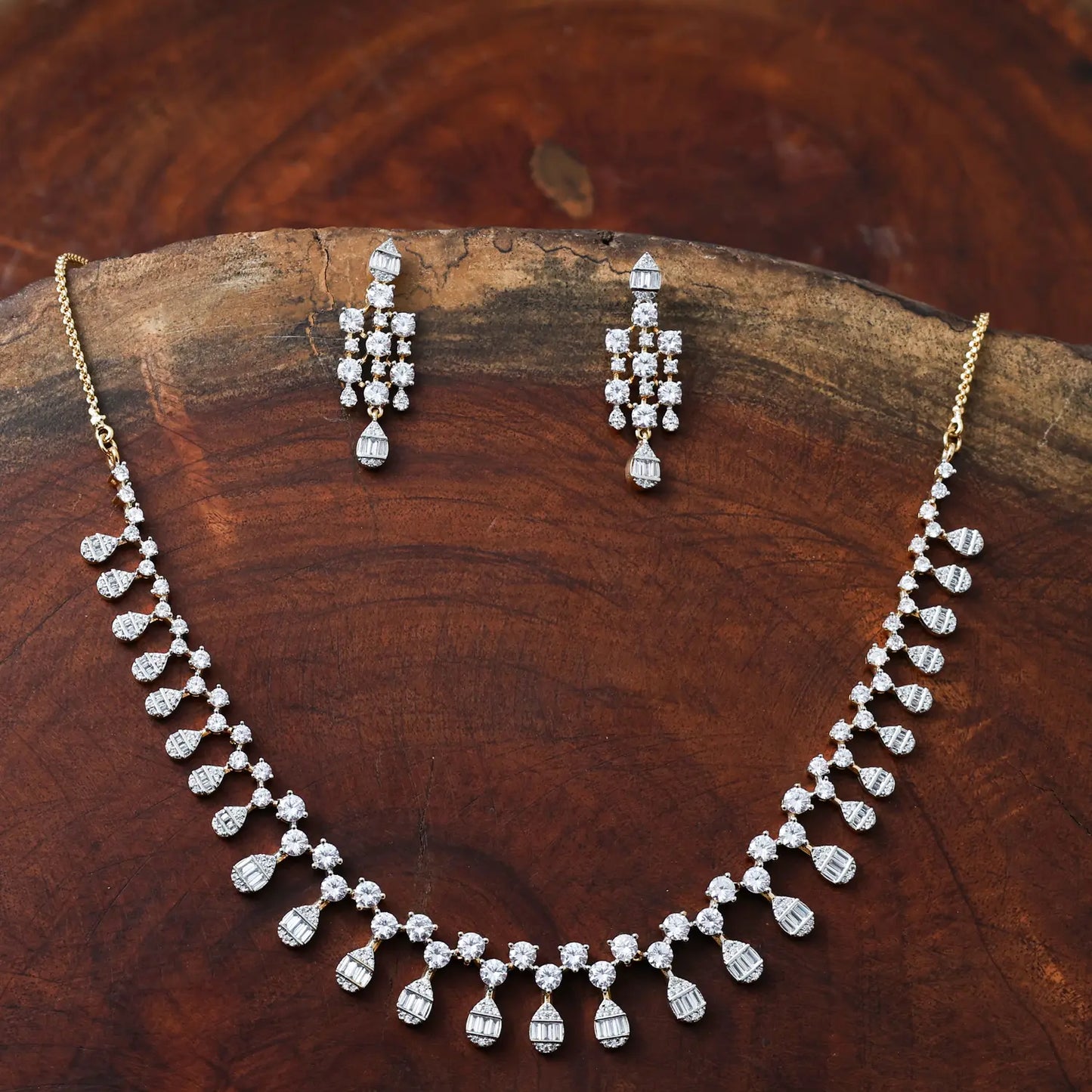 ZIRCON NECKLACE SET NN98 - WHITE - Two Tone Polish