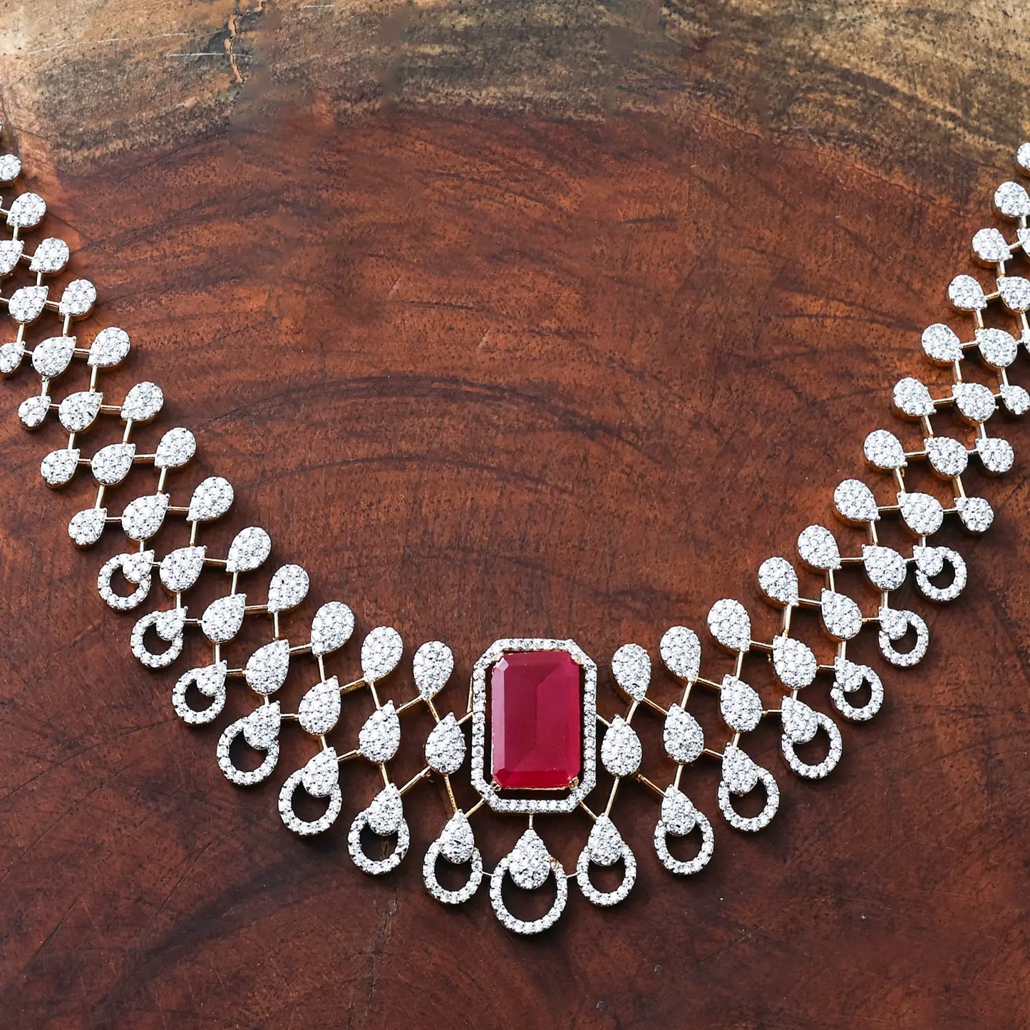 ZIRCON NECKLACE SET NN95 - RED N GREEN - Two Tone Polish