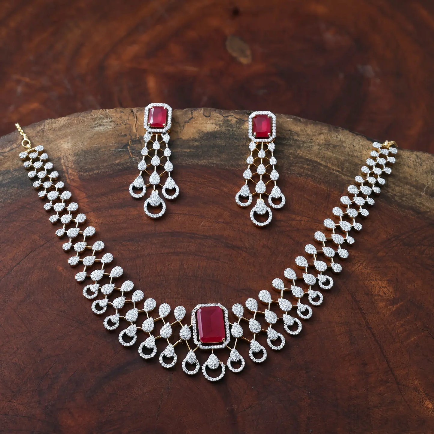 ZIRCON NECKLACE SET NN95 - RED N GREEN - Two Tone Polish