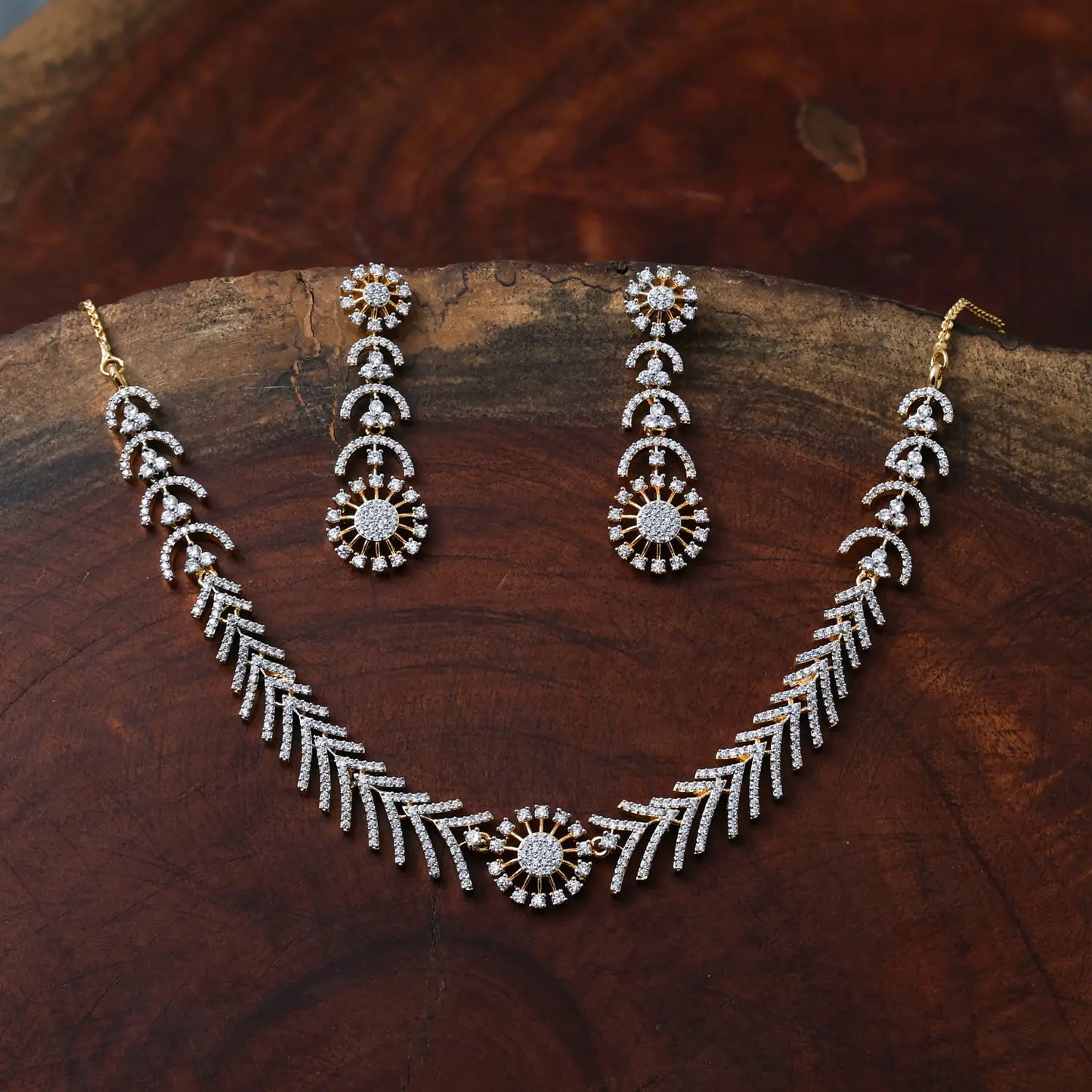 ZIRCON NECKLACE SET NN91 - WHITE - Two Tone Polish