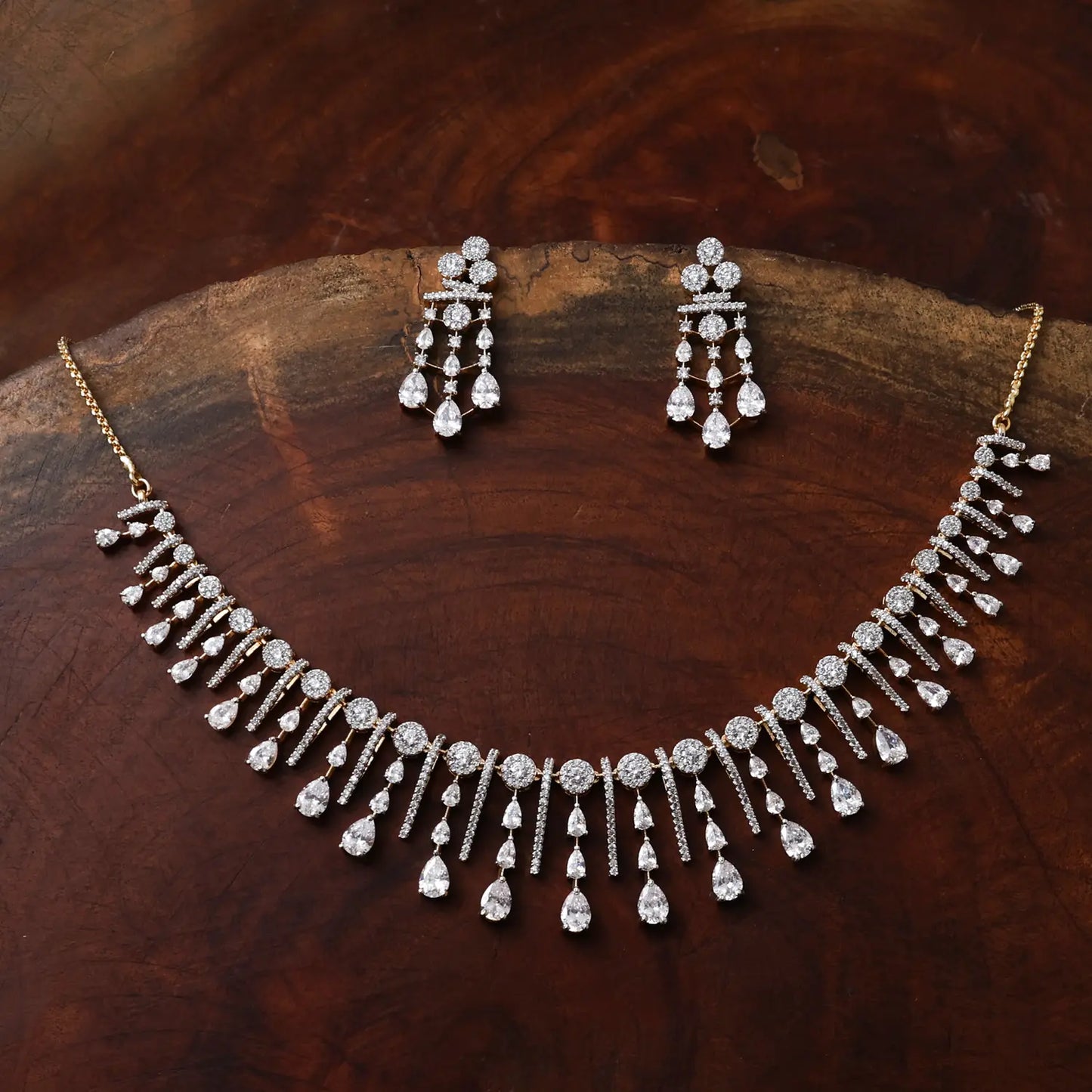 ZIRCON NECKLACE SET NN105 - WHITE - Two Tone Polish