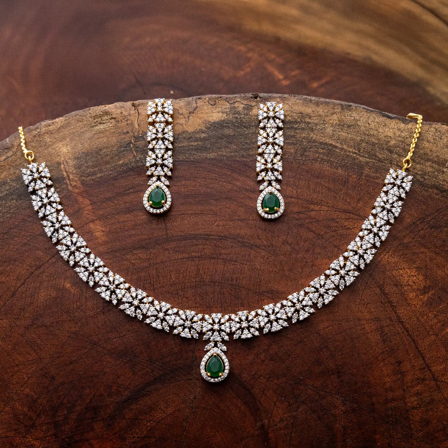 ZIRCON NECKLACE SET NN96 - RED N GREEN - Two Tone Polish
