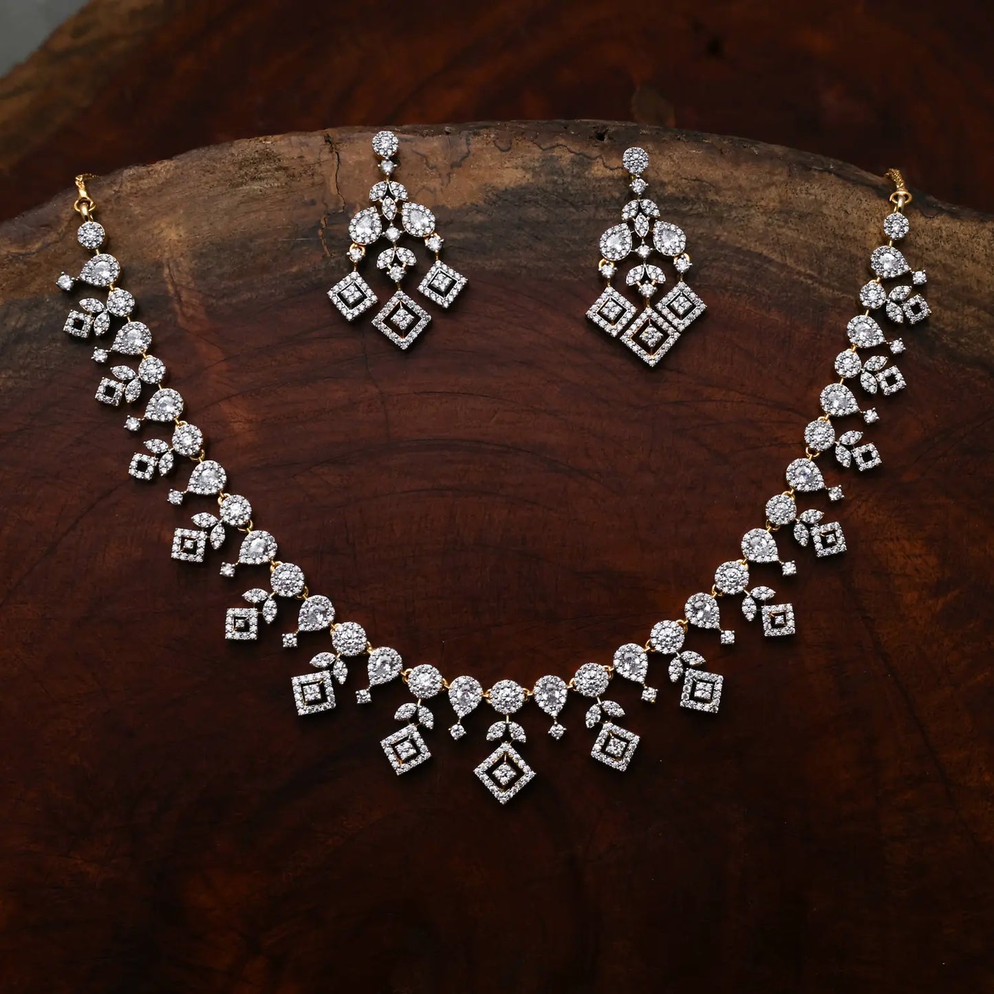 ZIRCON NECKLACE SET NN89 - WHITE - Two Tone Polish