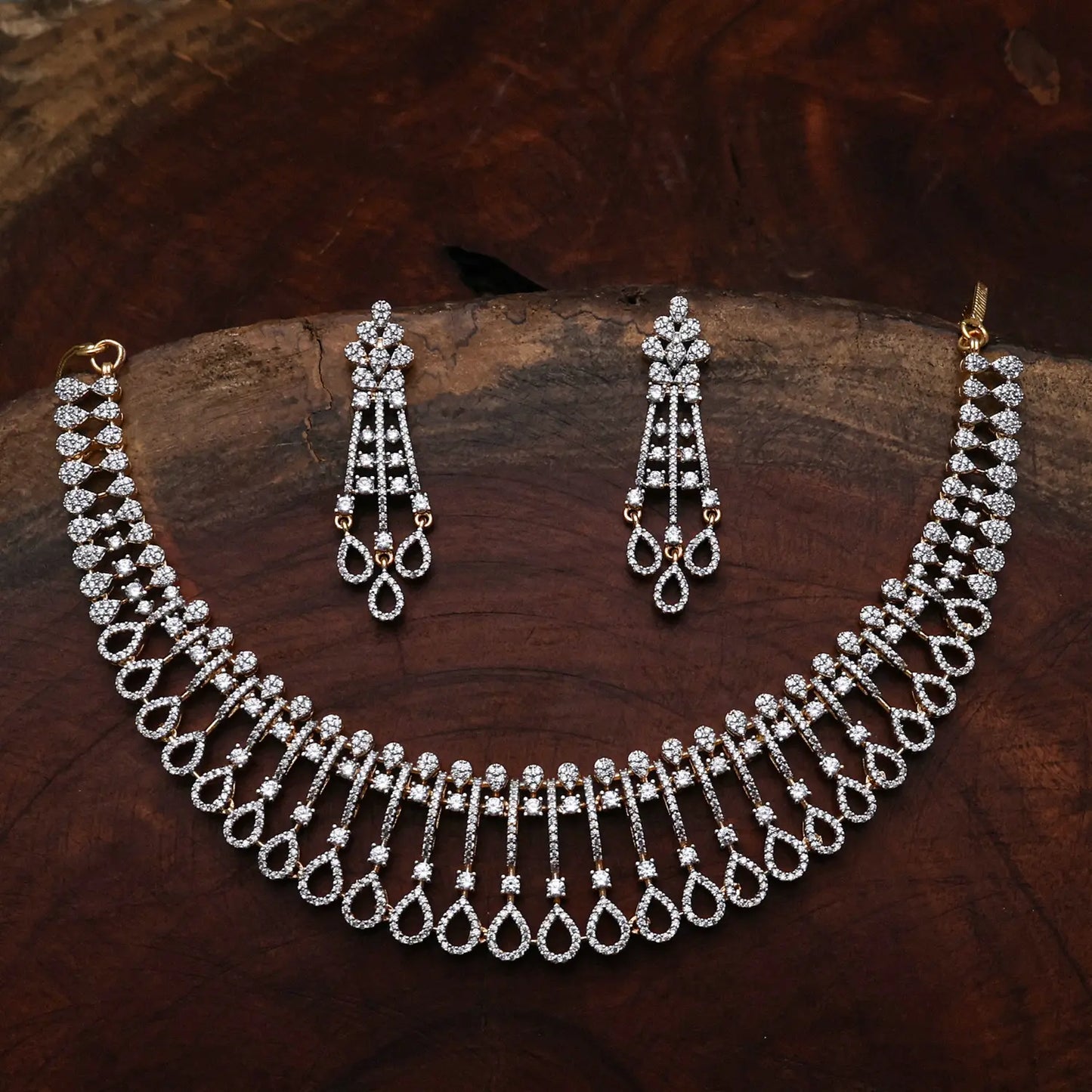ZIRCON NECKLACE SET NN119 - WHITE - Two Tone Polish