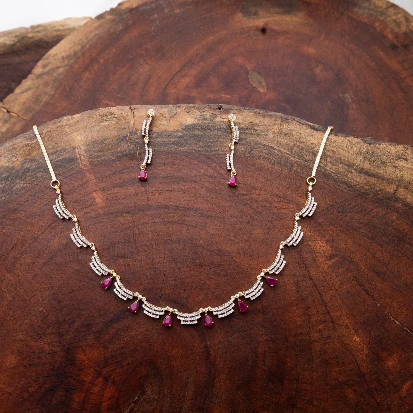 ZIRCON NECKLACE SET JPNS14 - RED N GREEN - Two Tone Polish