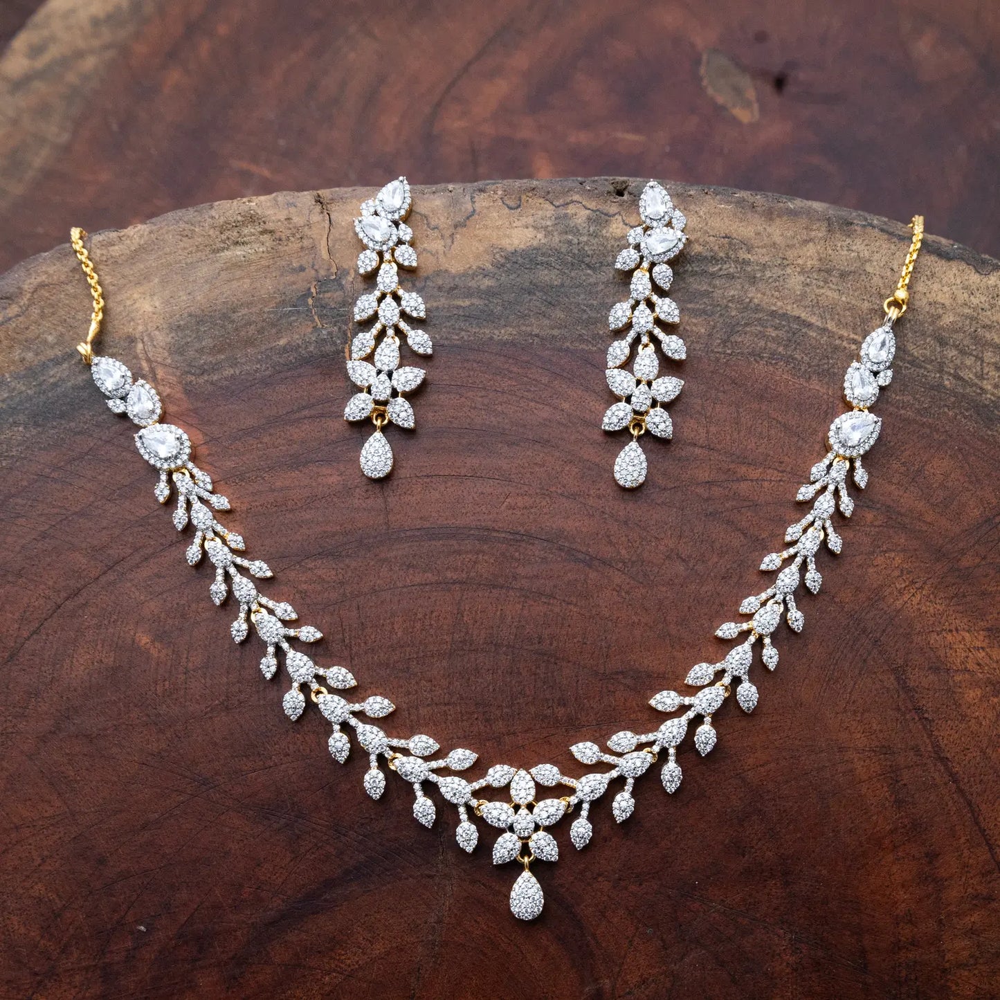 ZIRCON NECKLACE SET NN99 - WHITE - Two Tone Polish