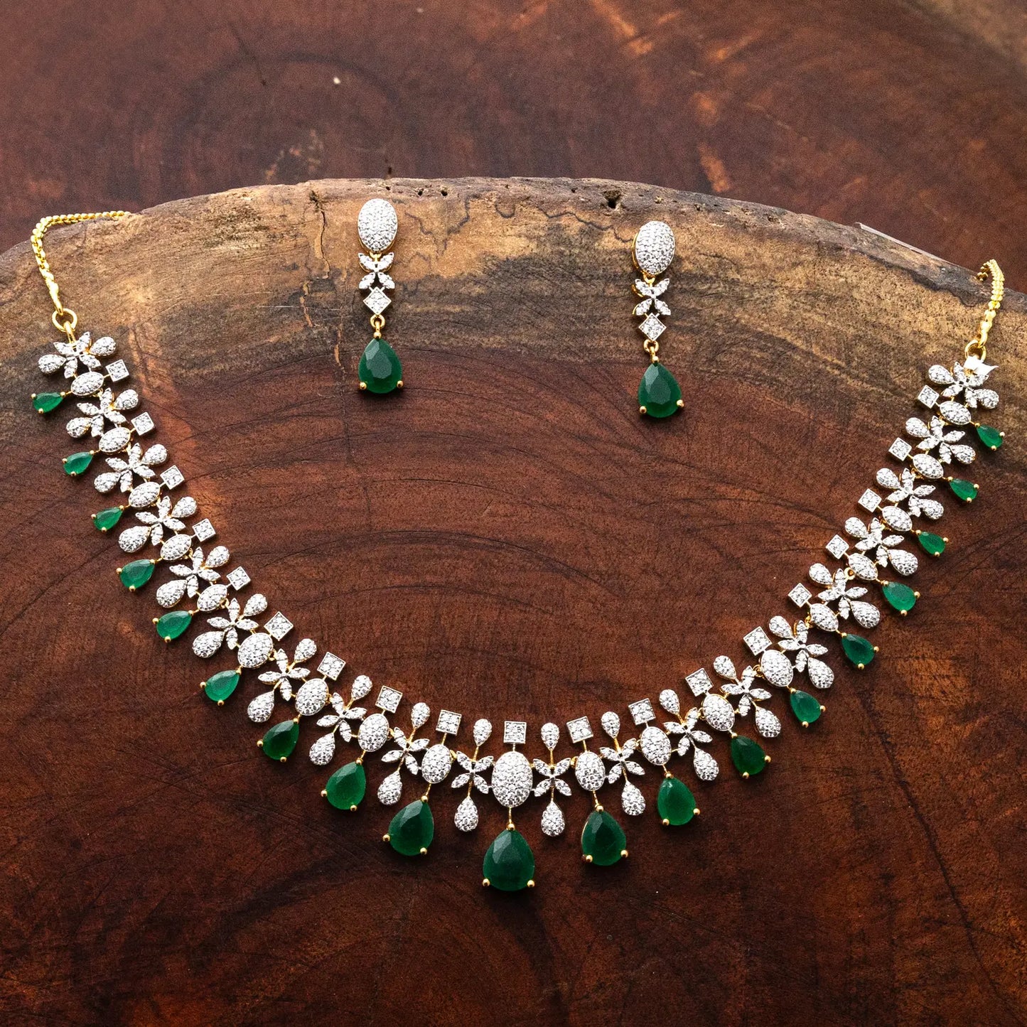 ZIRCON NECKLACE SET NN97 - RED N GREEN - Two Tone Polish