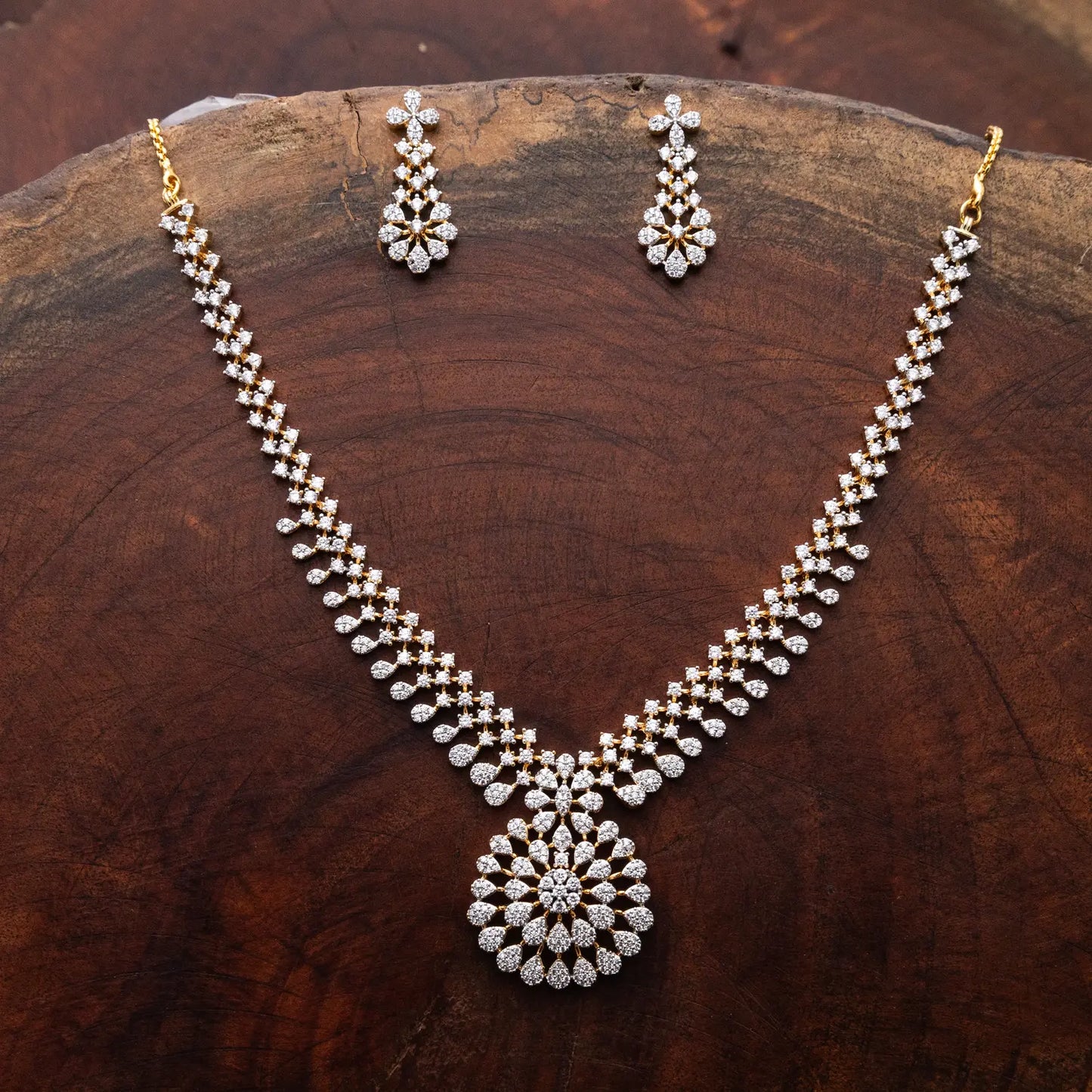 ZIRCON NECKLACE SET NN107 - WHITE - Two Tone Polish