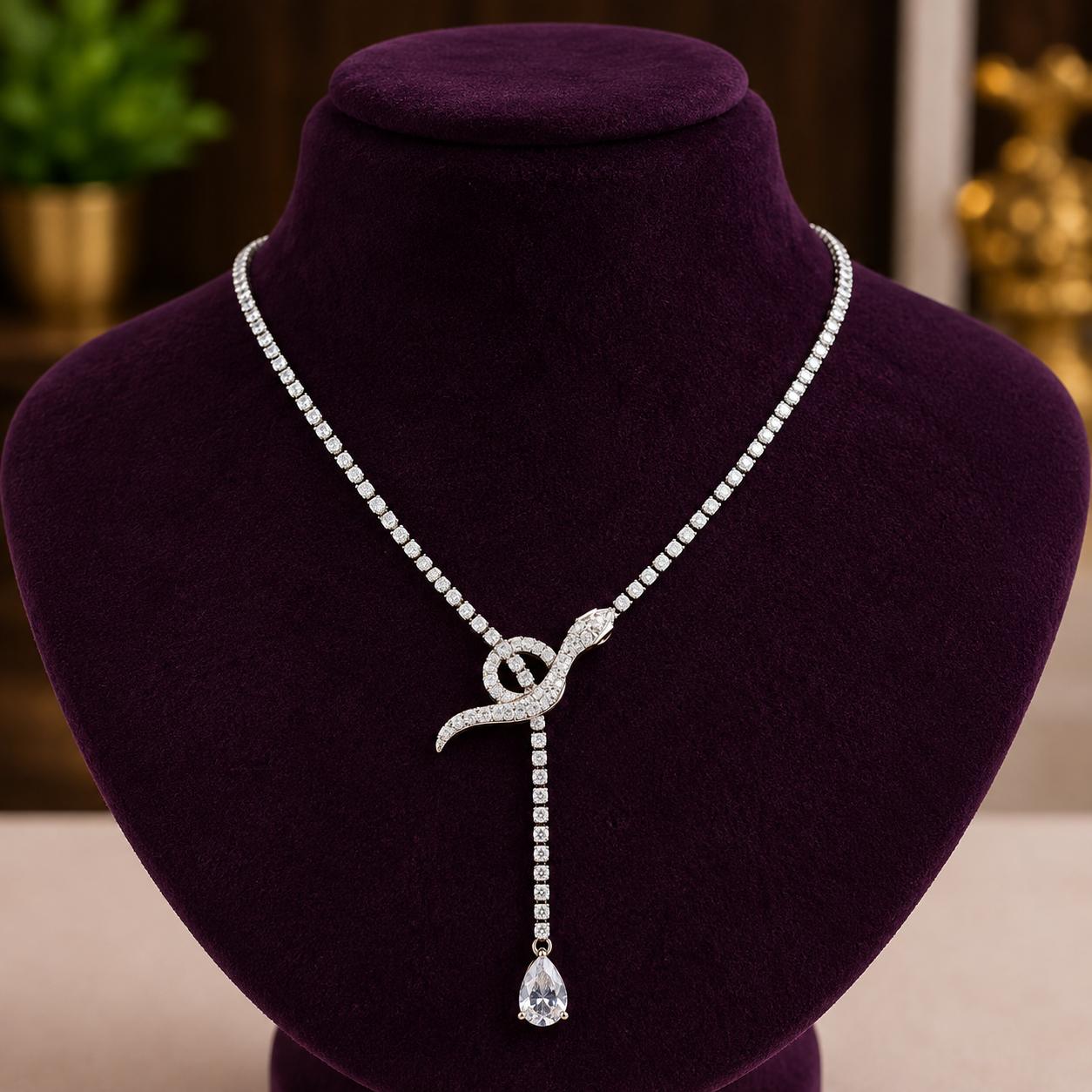 Handcrafted Cubic Zirconia Snake Motif Y-Necklace with Pear Drop