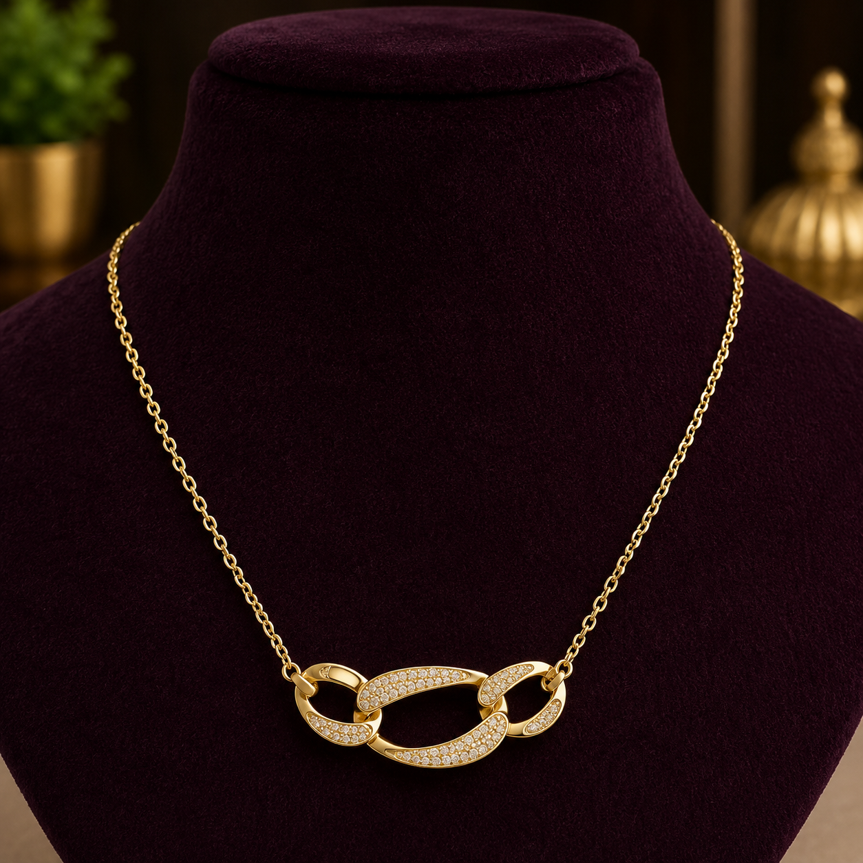 Gold-Plated Interlocking Oval Link Pendant Necklace with Cubic Zirconia