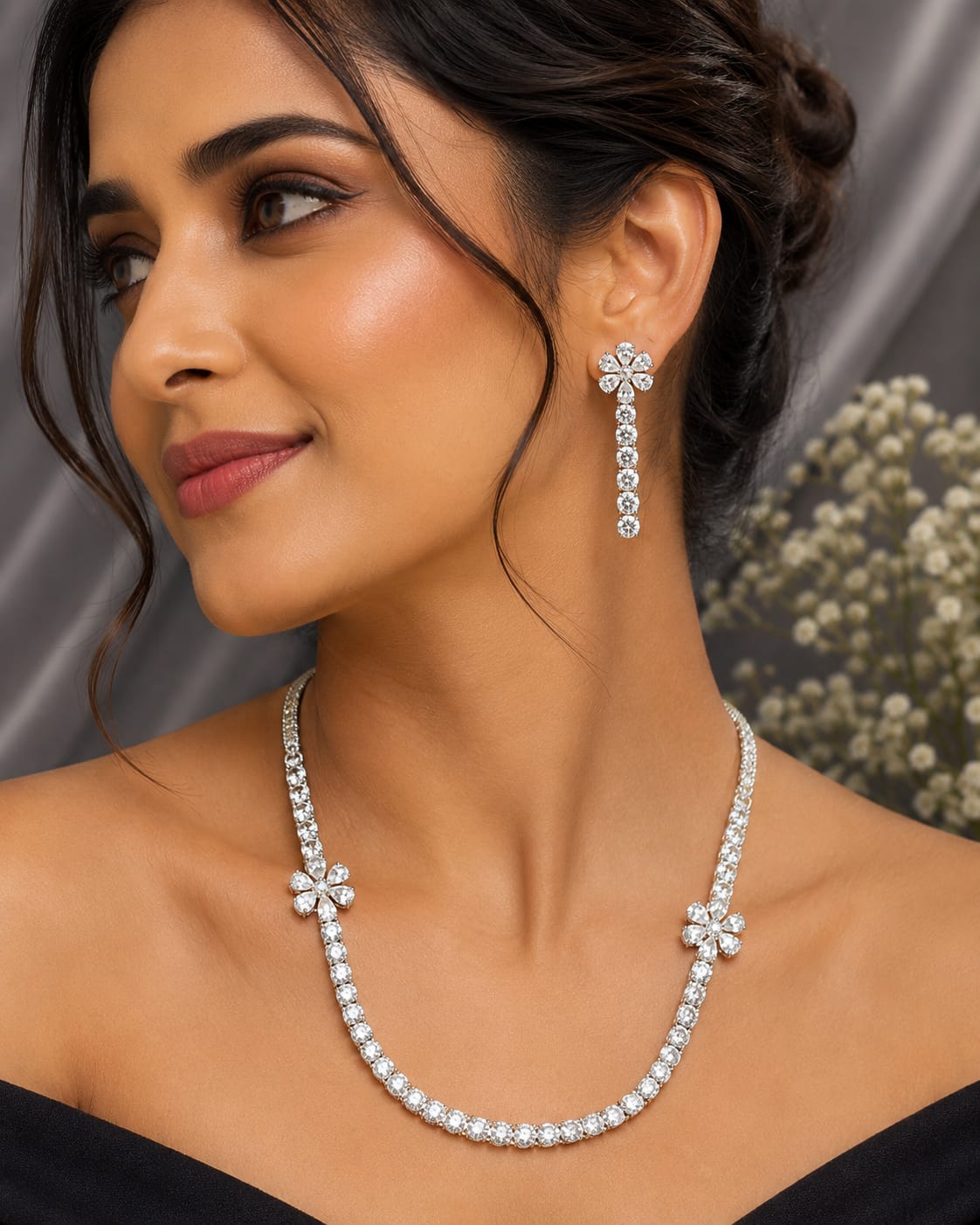 Round-Cut Floral Motif Necklace Set