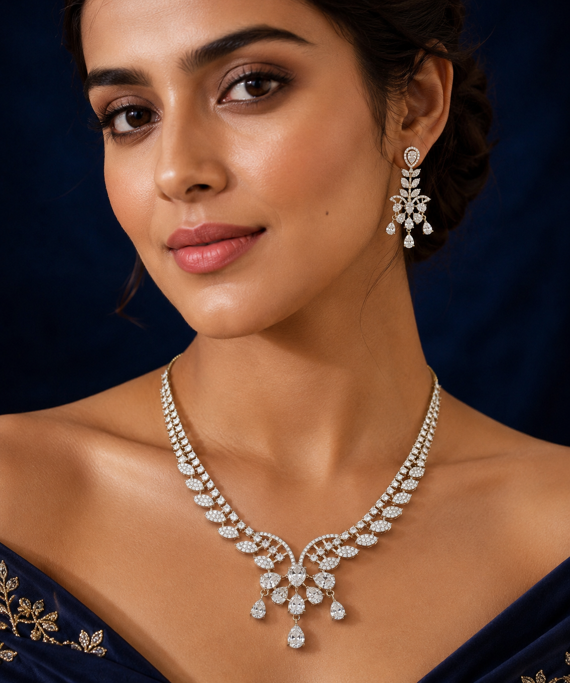 Leaf Motif Diamond Necklace Set with Drops