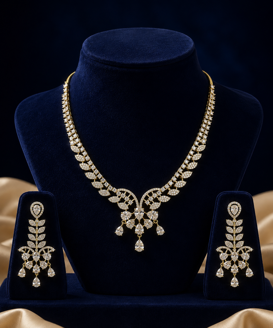 Leaf Motif Diamond Necklace Set with Drops