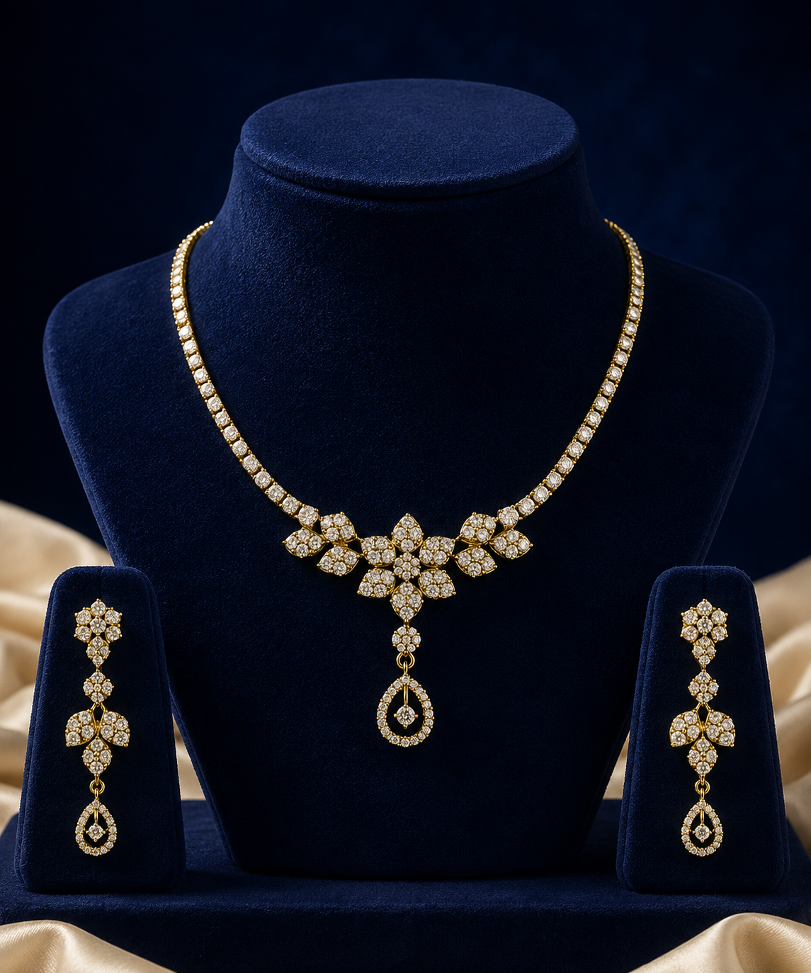 Floral Cluster Gold Necklace Set with Teardrop Pendant