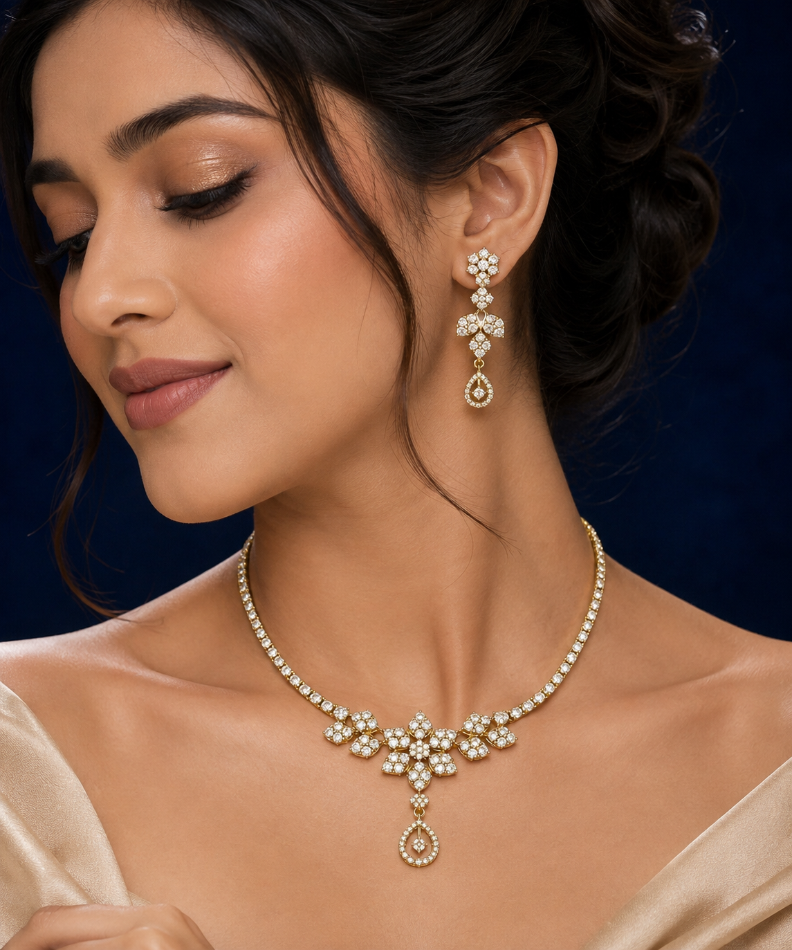Floral Cluster Gold Necklace Set with Teardrop Pendant