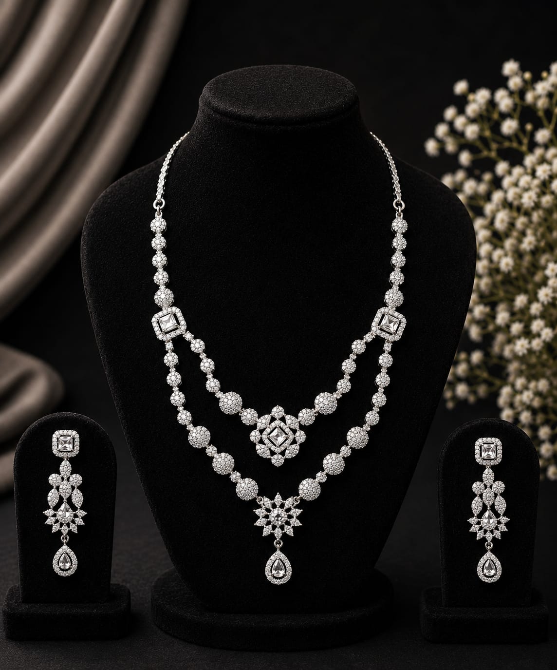 Double-Layer Square Stone Necklace Set