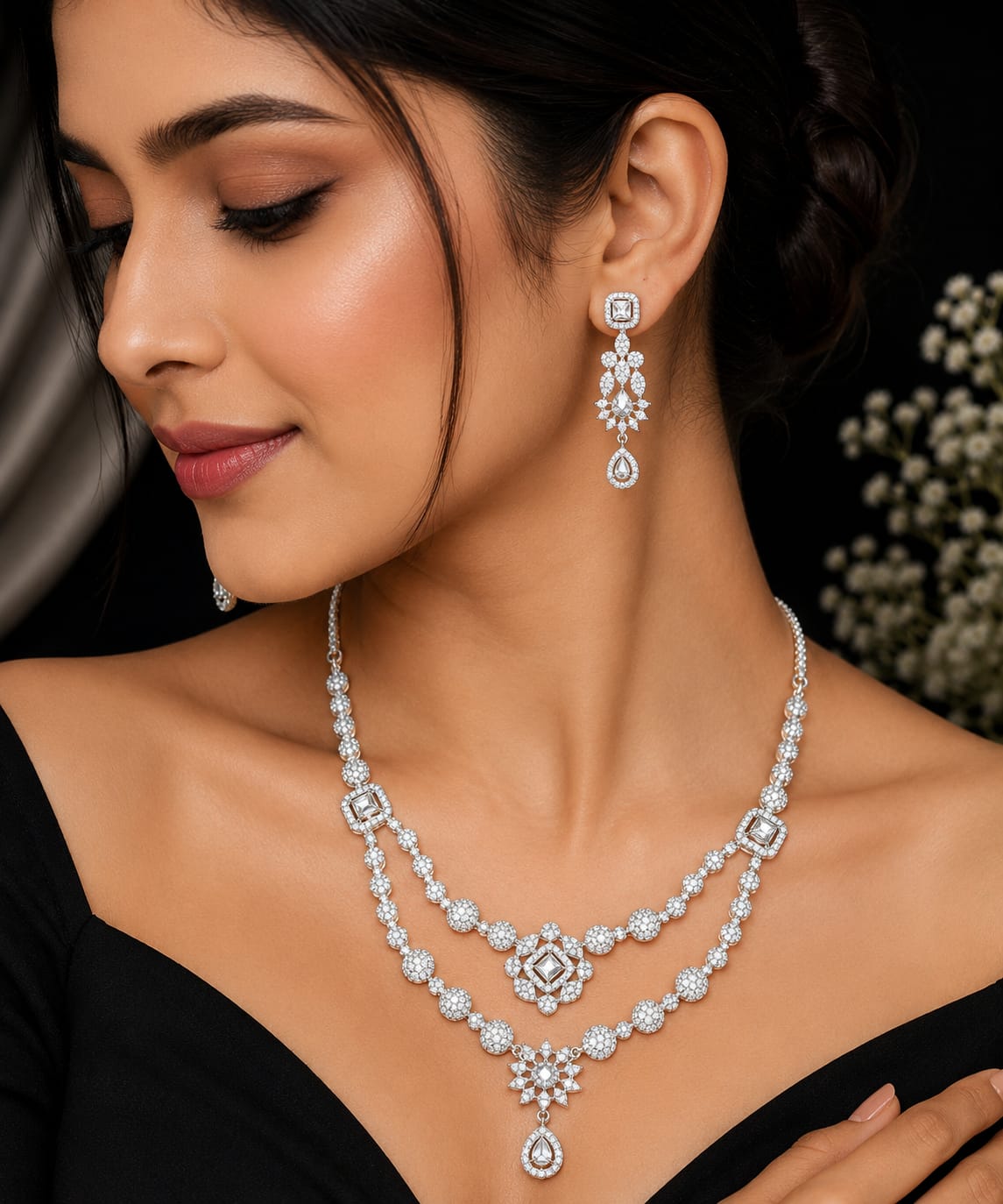 Double-Layer Square Stone Necklace Set