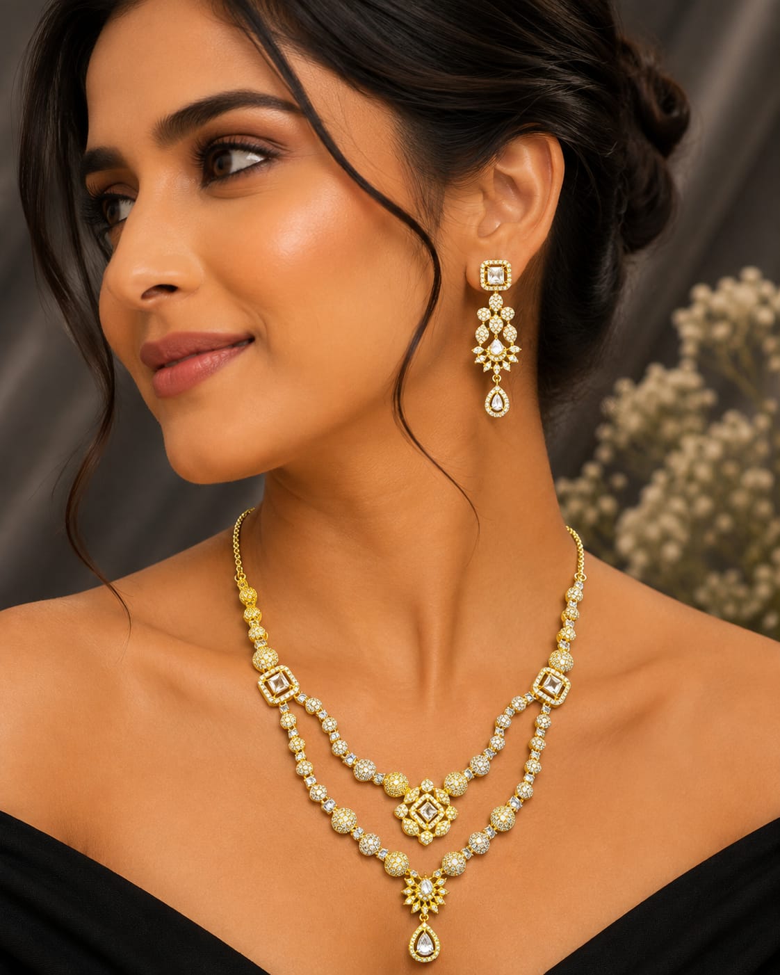 Double-Layer Square Stone Necklace Set