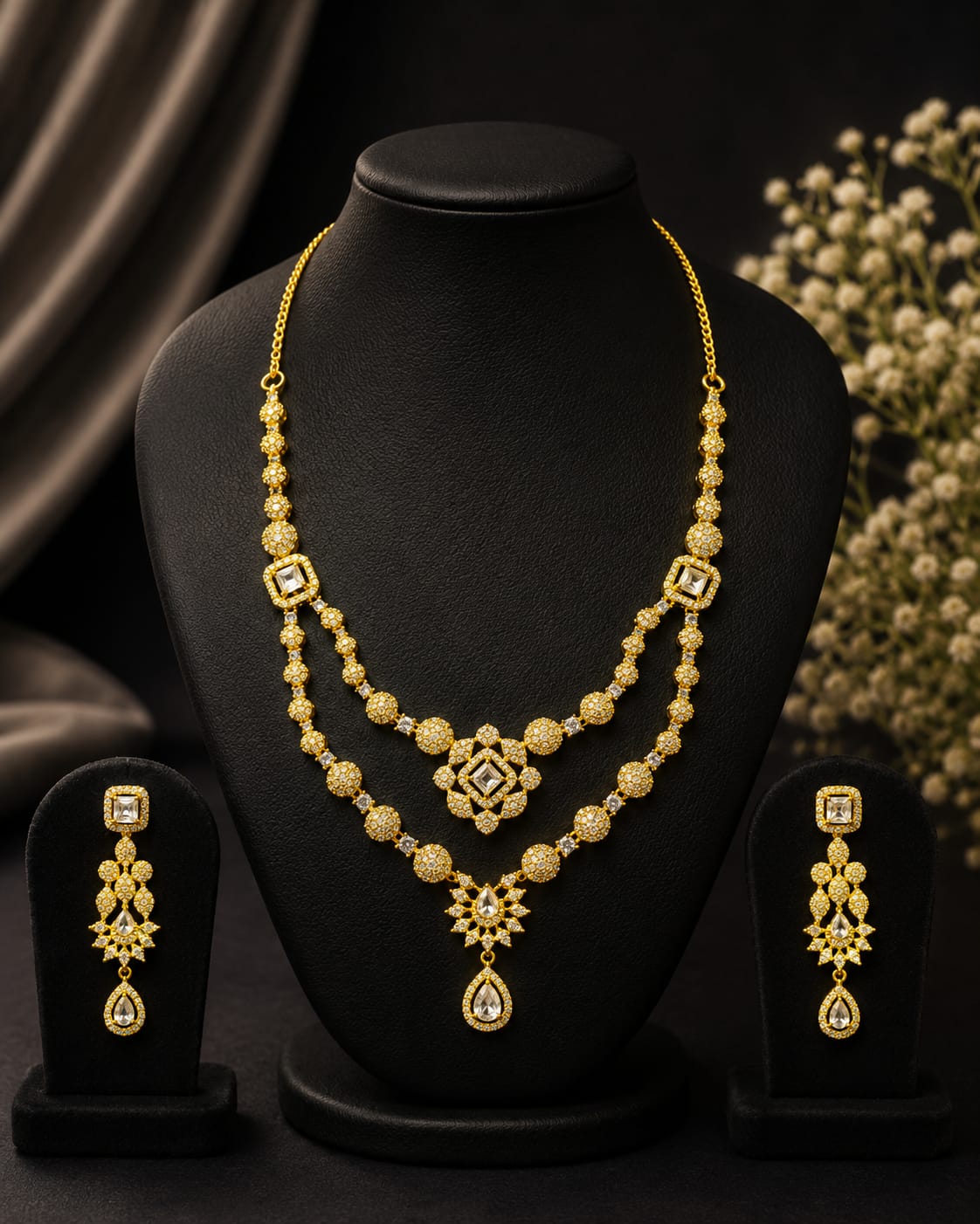 Double-Layer Square Stone Necklace Set
