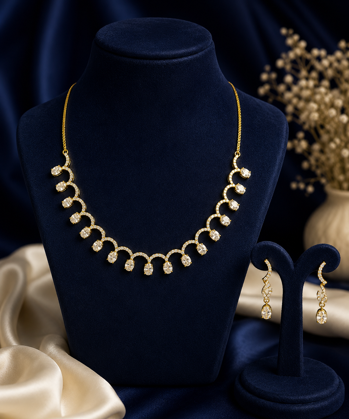 Curved Teardrop Motif Gold Necklace Set
