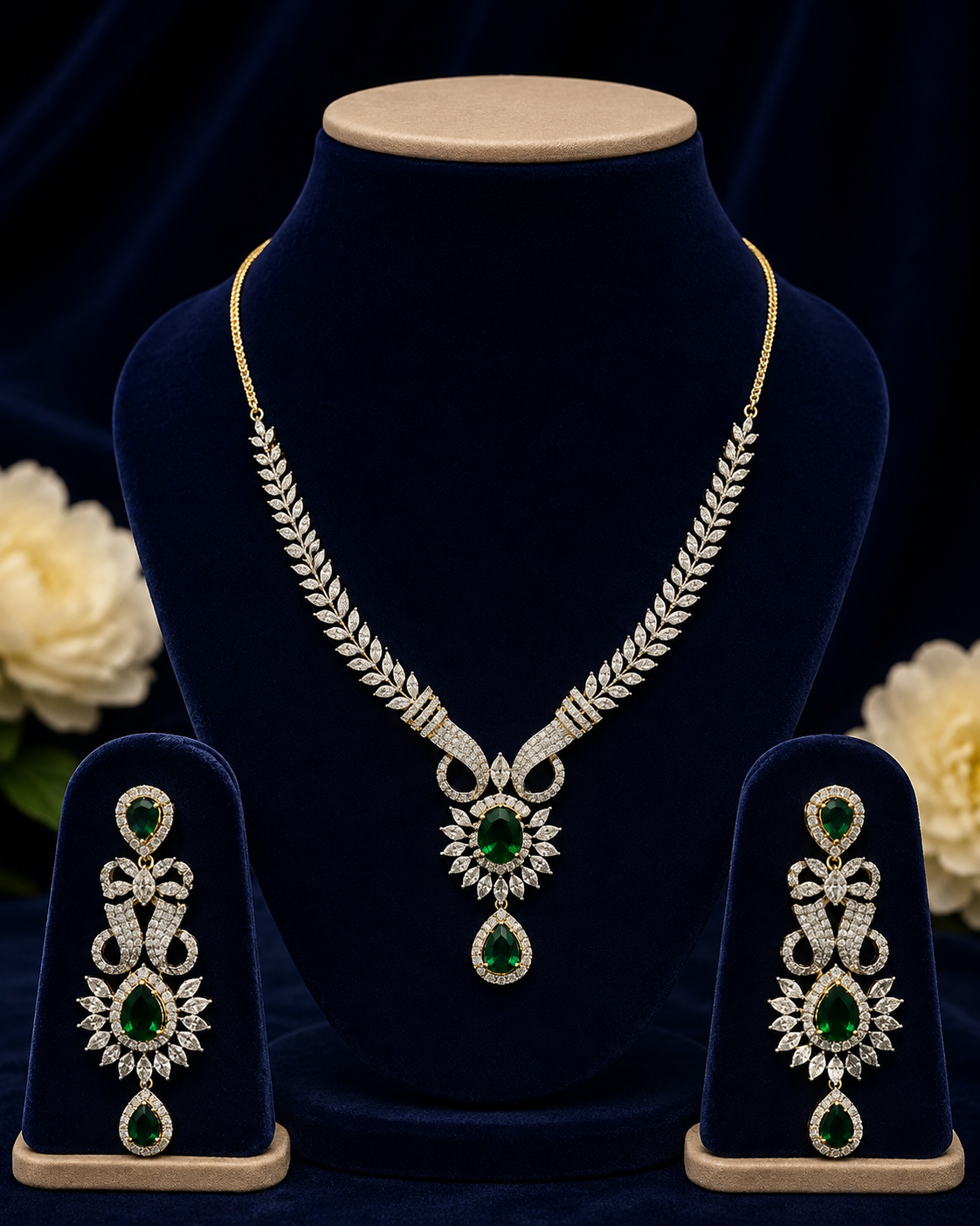 Emerald Leaf-Vine Necklace & Earring Set