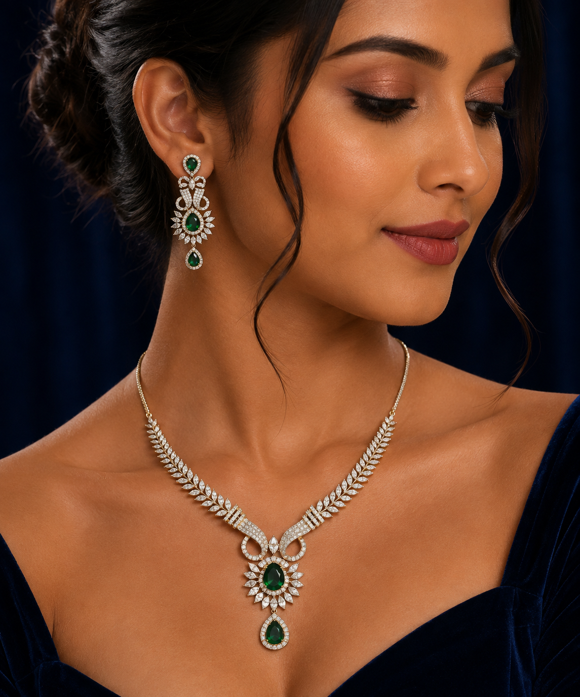 Emerald Leaf-Vine Necklace & Earring Set