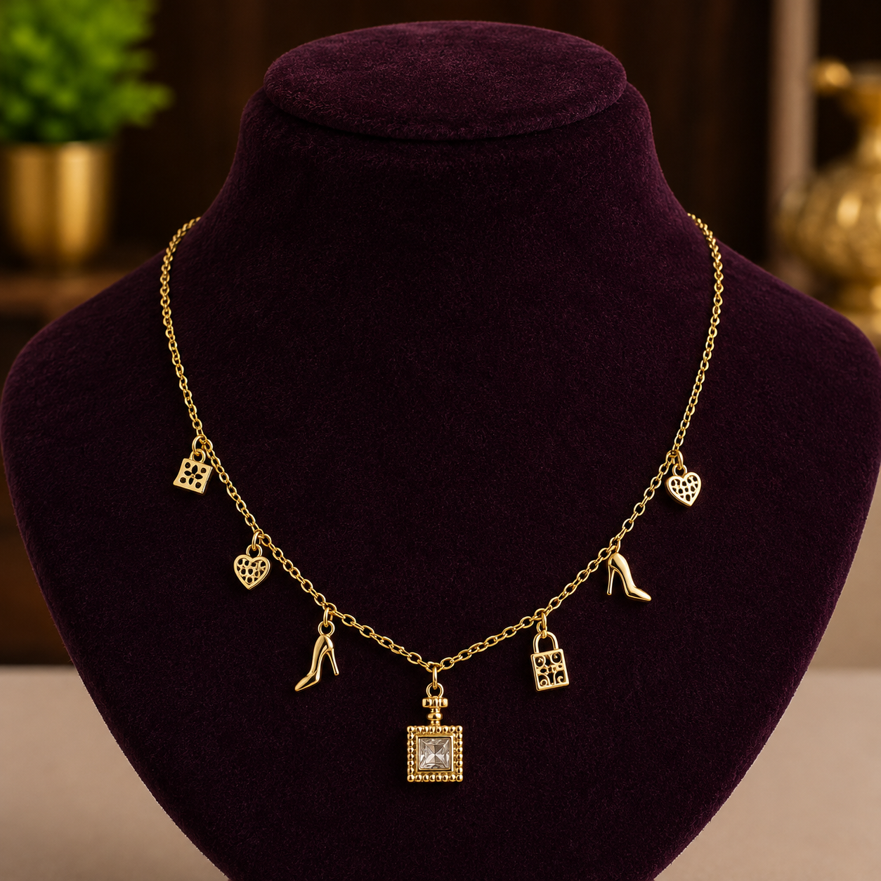 Handcrafted Gold-Plated Perfume Bottle & High Heel Charm Drops Necklace