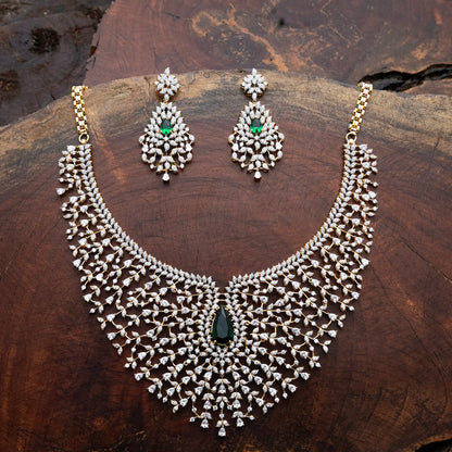ZIRCON NECKLACE SET NN120 - GREEN - Two Tone Polish