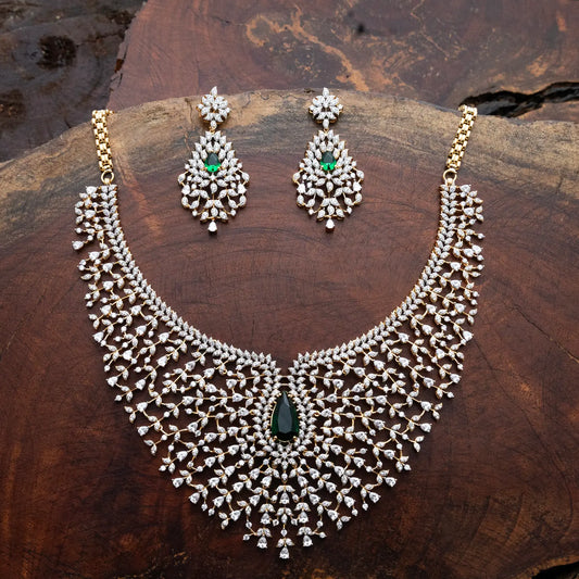 ZIRCON NECKLACE SET NN120 - GREEN - Two Tone Polish