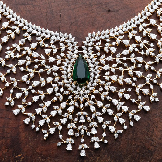 ZIRCON NECKLACE SET NN120 - GREEN - Two Tone Polish