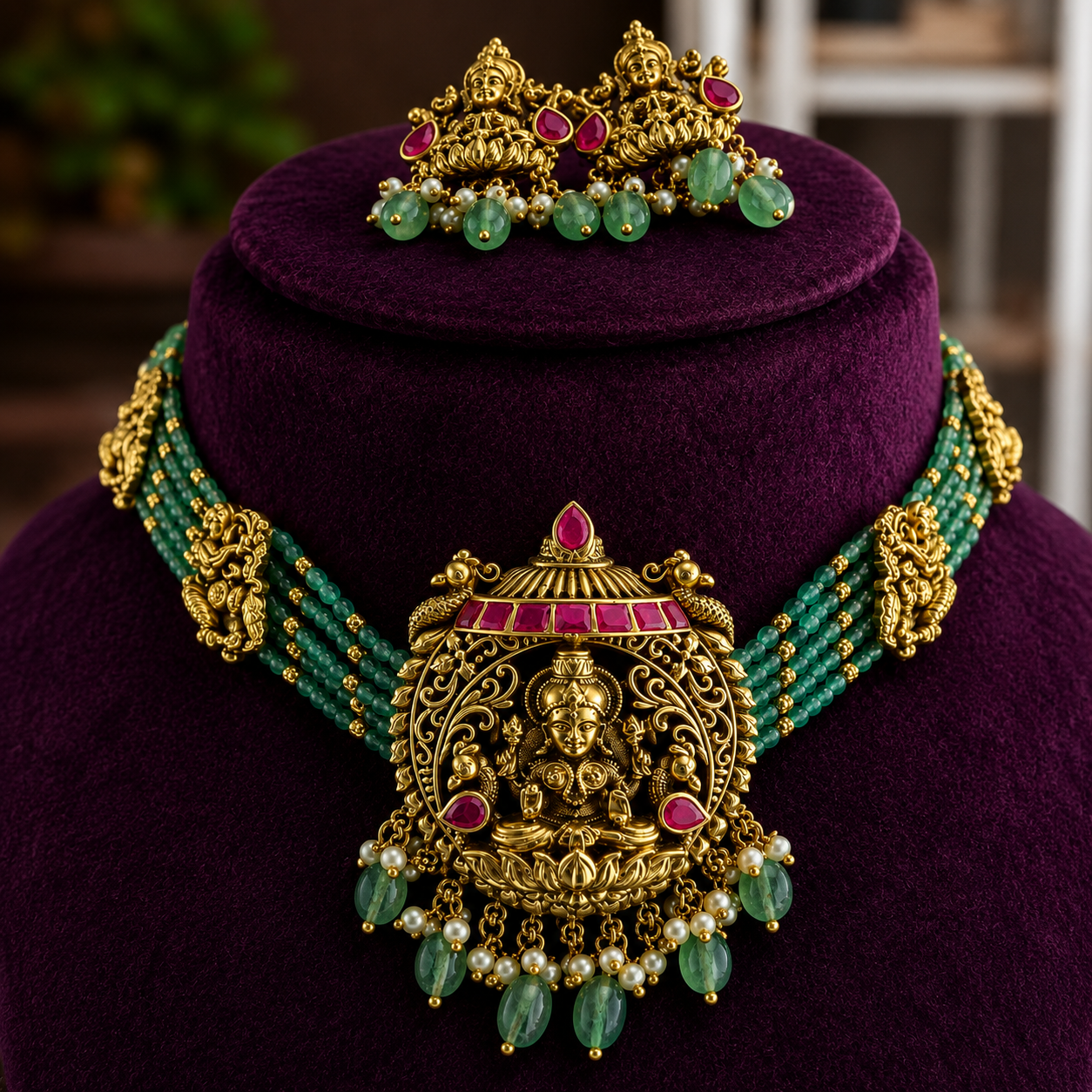 Antique Lakshmi Temple Jewelry Set with Emerald Beads & Pearl Drops