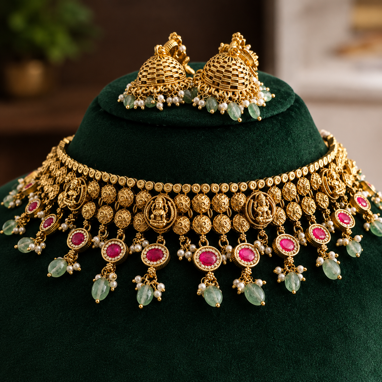 Antique Lakshmi Broad Choker Necklace Set with Jhumkas