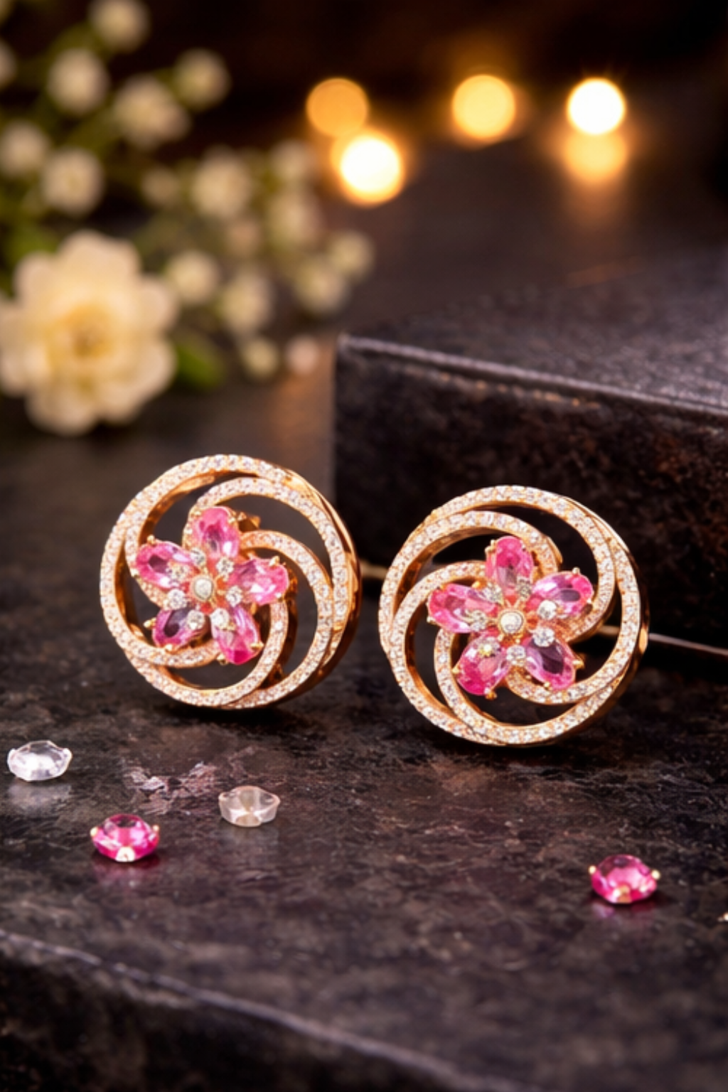Pink Zircon Floral Stud Earrings
