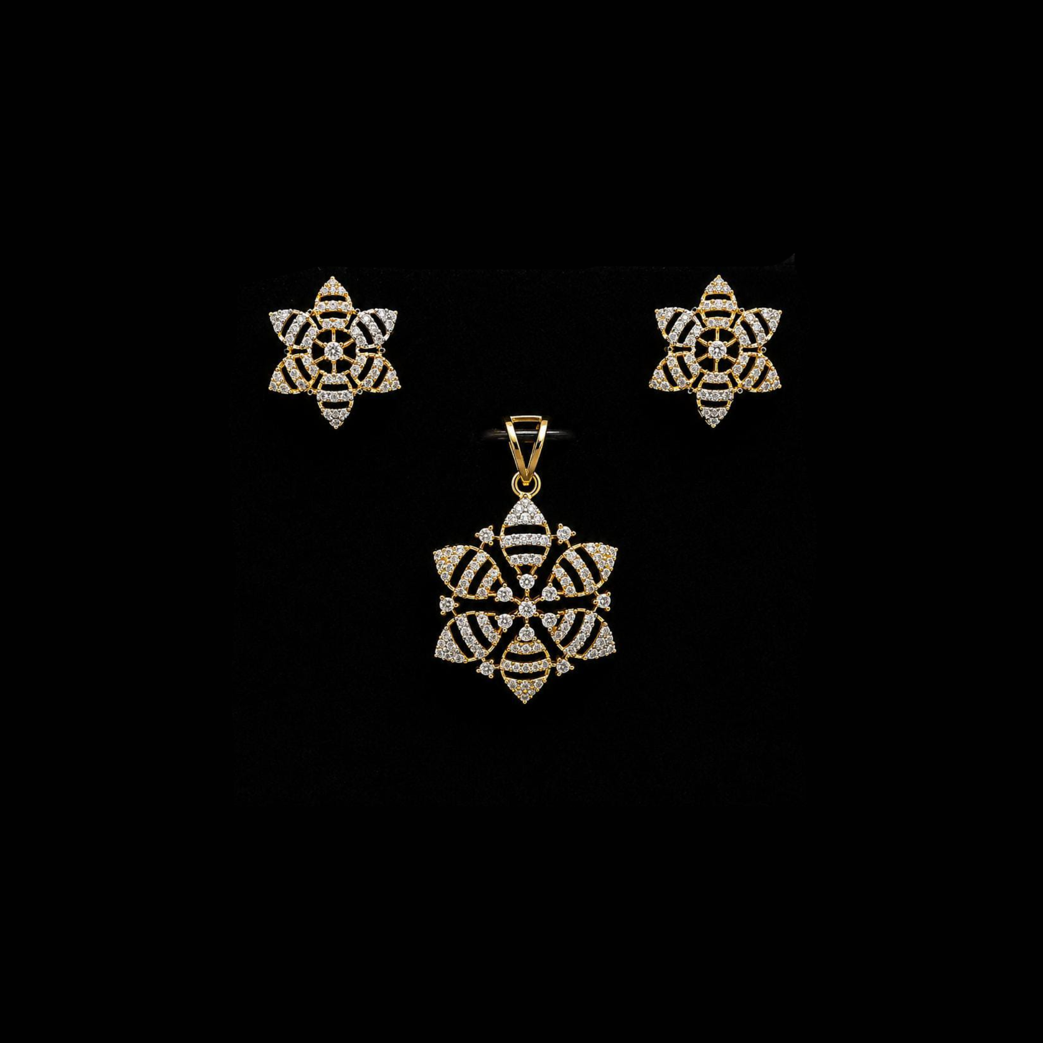 Gold Finish Geometric Floral CZ Pendant Set