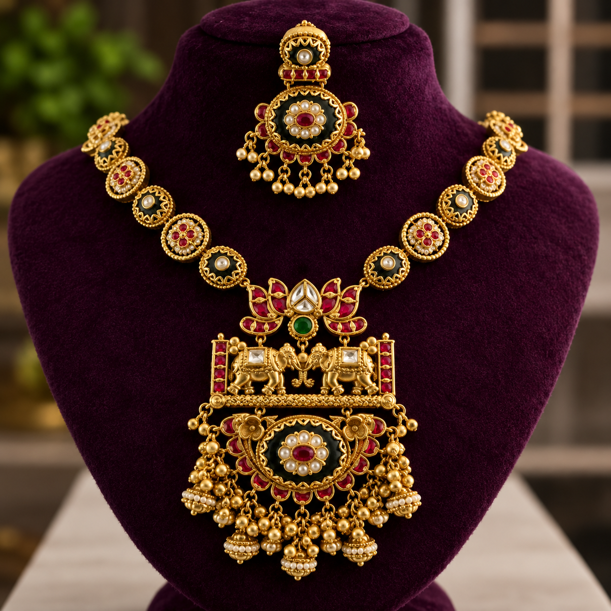 Handcrafted Gold-Plated Royal Elephant Pendant Set with Maang Tikka