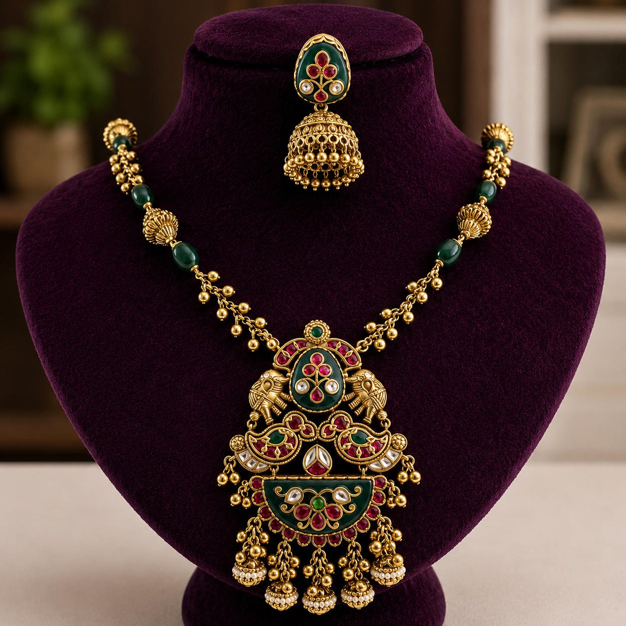 Antique Elephant & Peacock Motif Pendant Necklace Set with Jhumkas