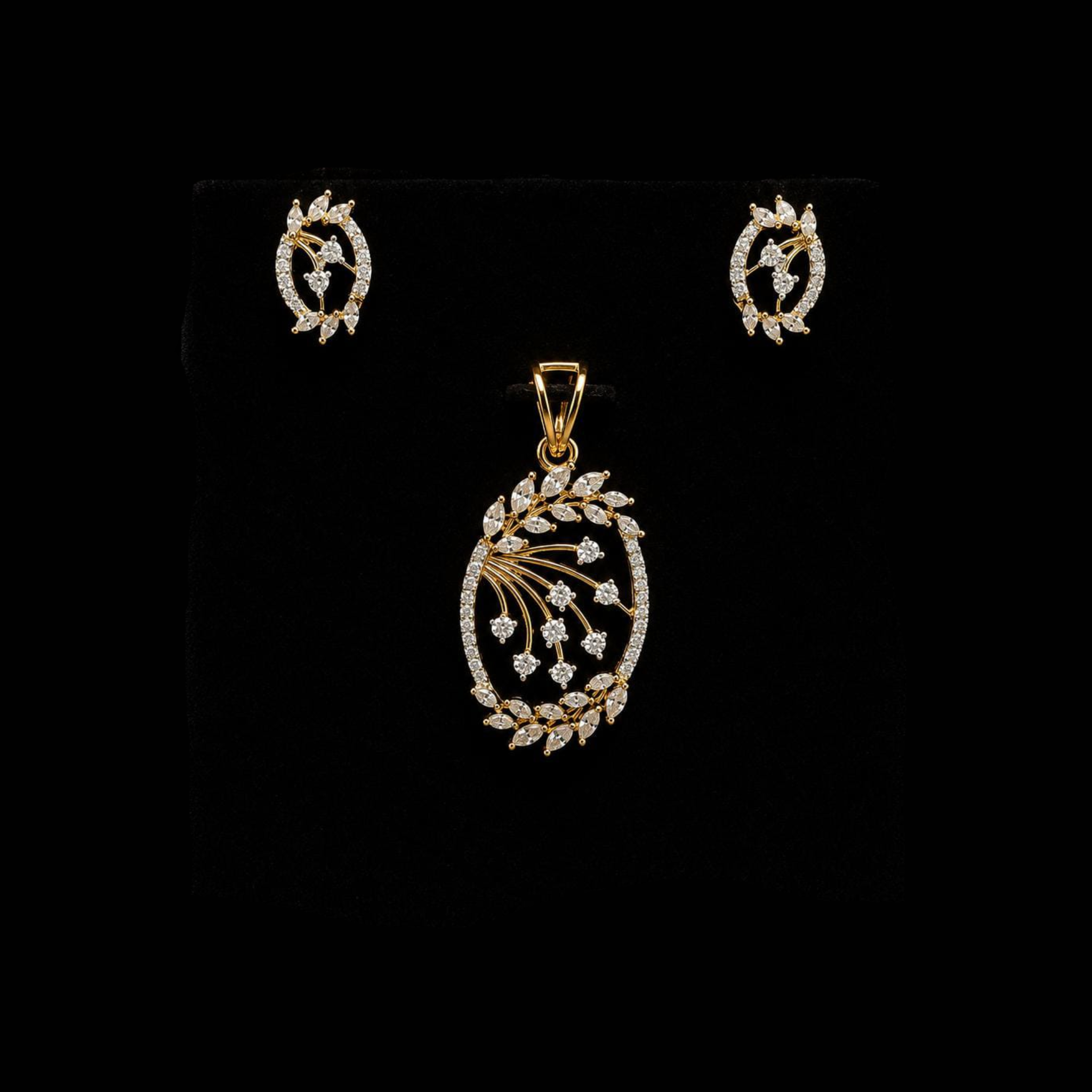 Gold Finish Floral Vine CZ Pendant Set