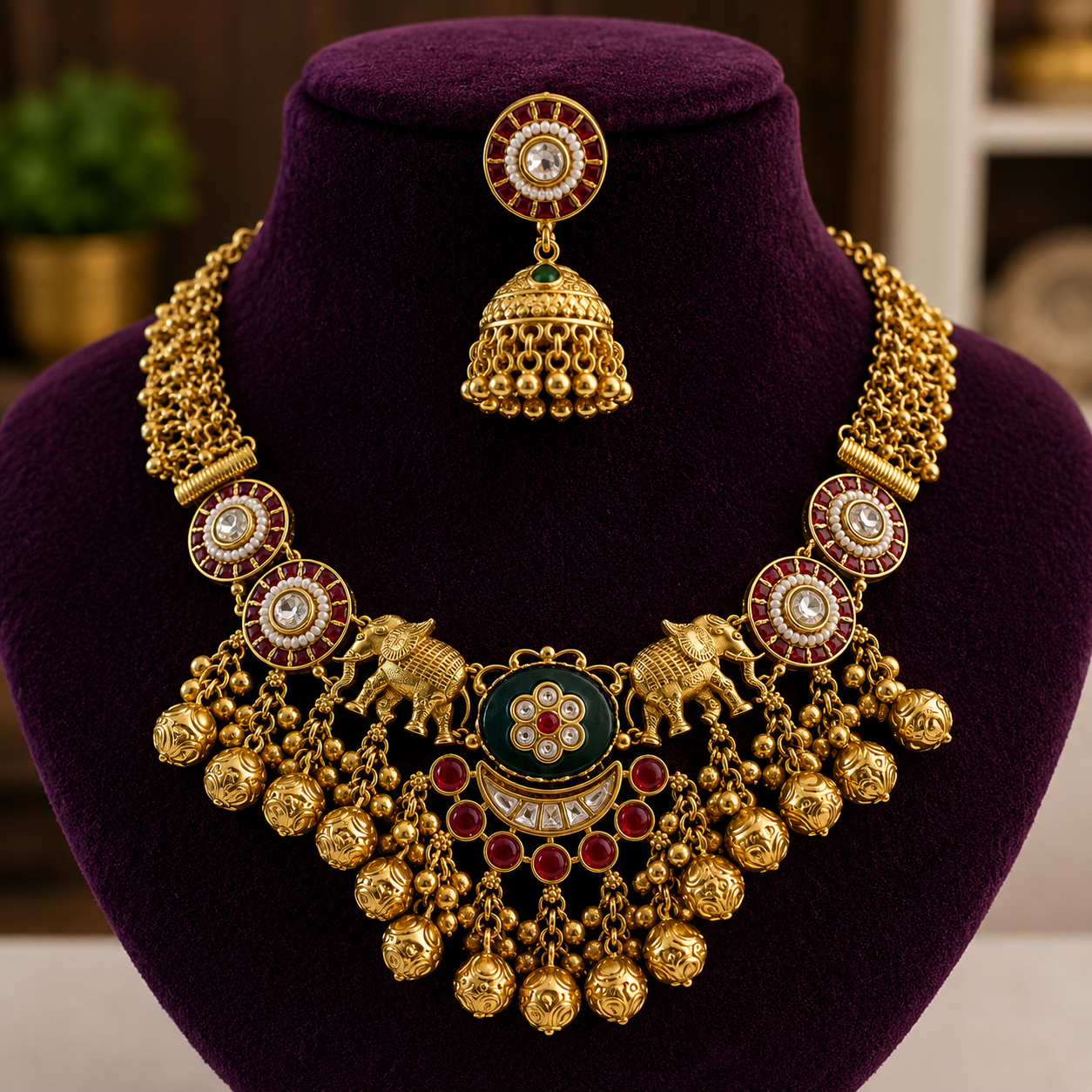 Divine Kundan & Meenakari Elephant Bib Necklace Set with Ghungroo Drops