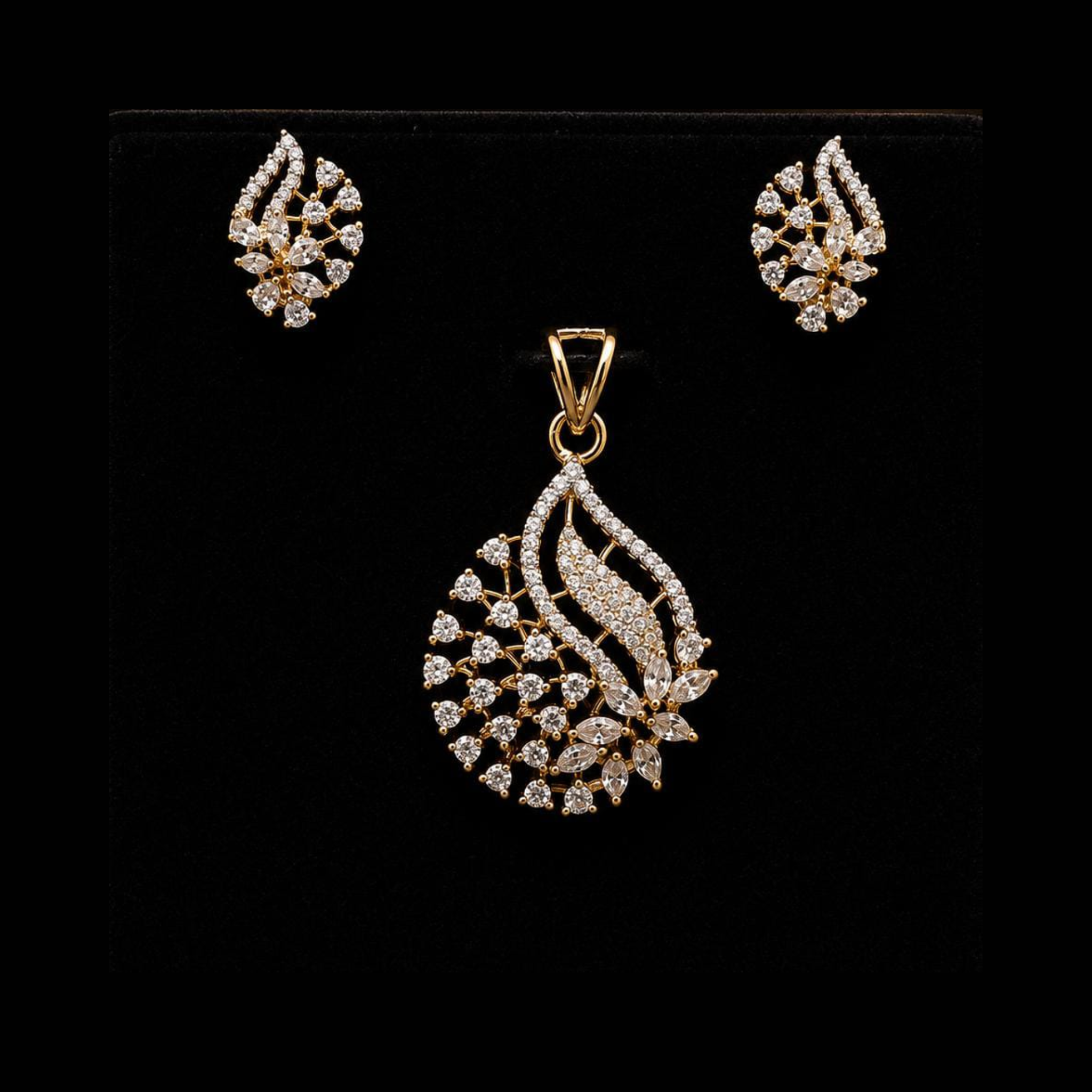 Gold Finish Leaf Design CZ Pendant Set