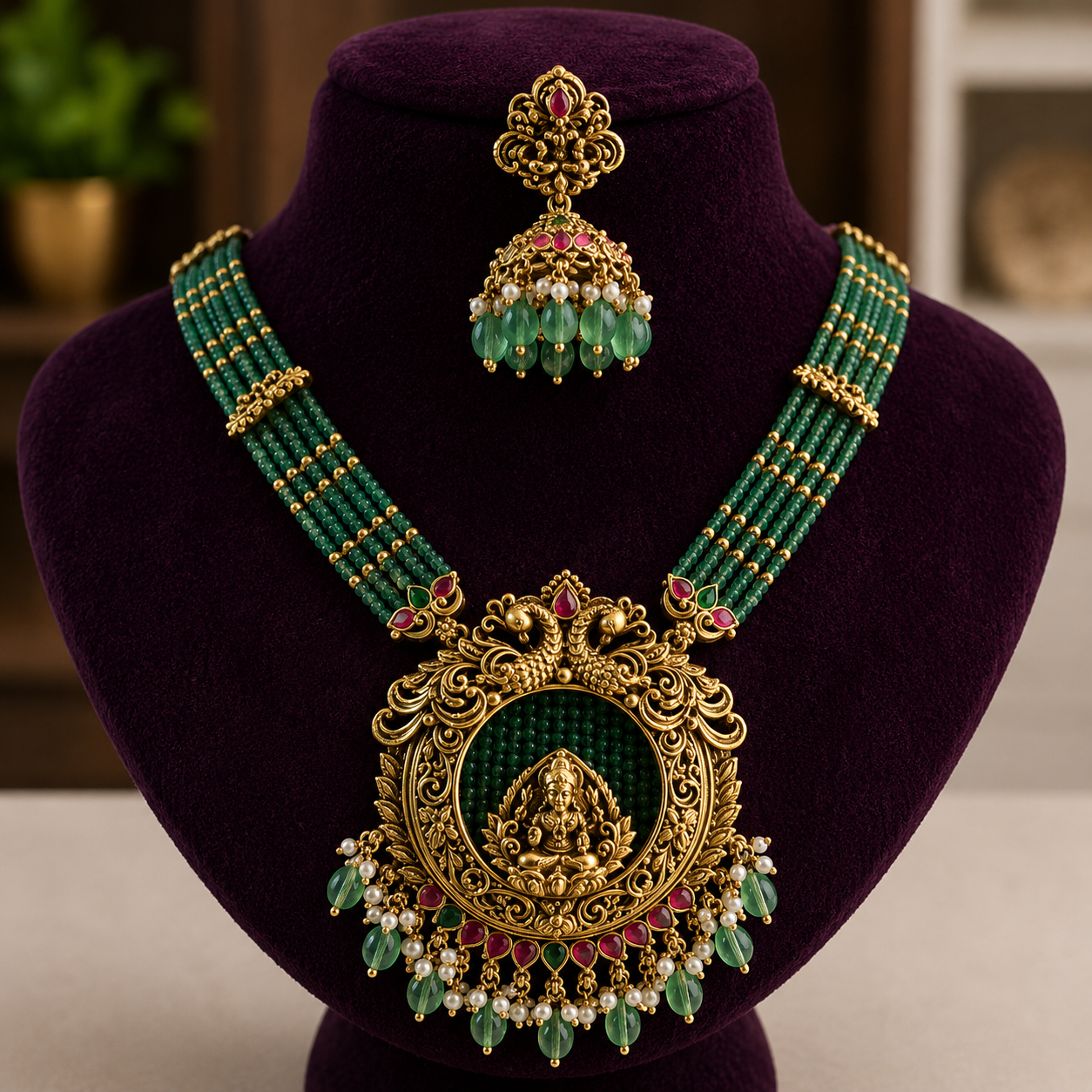 Handcrafted Gold-Plated Lakshmi Temple Long Necklace Set with Jhumkas