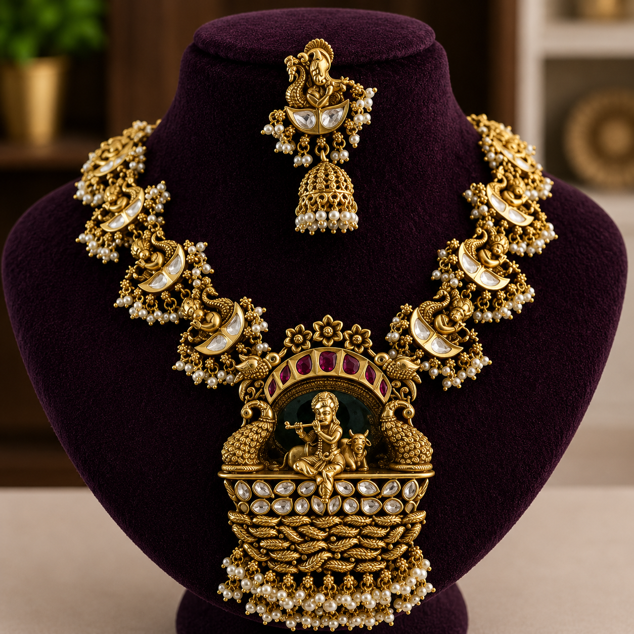 Antique Lord Krishna Temple Pendant Necklace Set with Peacock Jhumkas