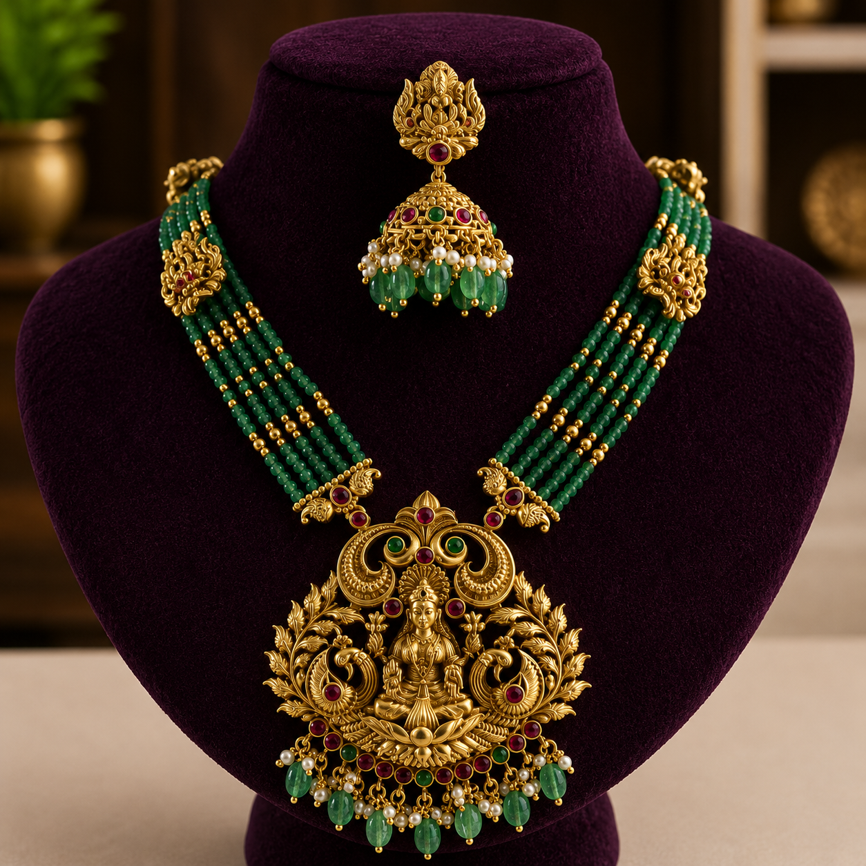 Divine Floral Lakshmi Temple Long Necklace Set with Matching Jhumkas