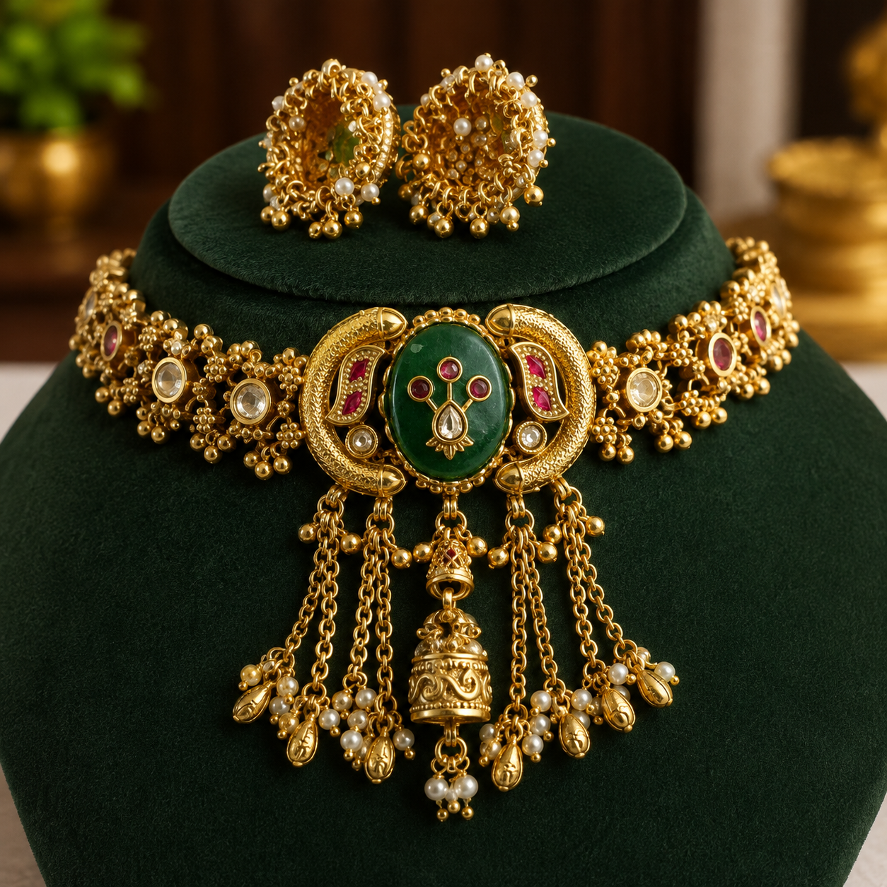 Handcrafted Gold-Plated Green Stone Choker Necklace Set with Earrings