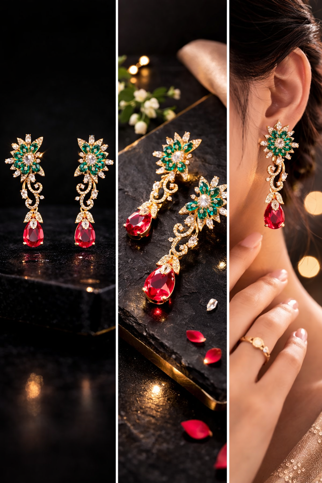 Emerald Floral Zircon Dangler Earrings