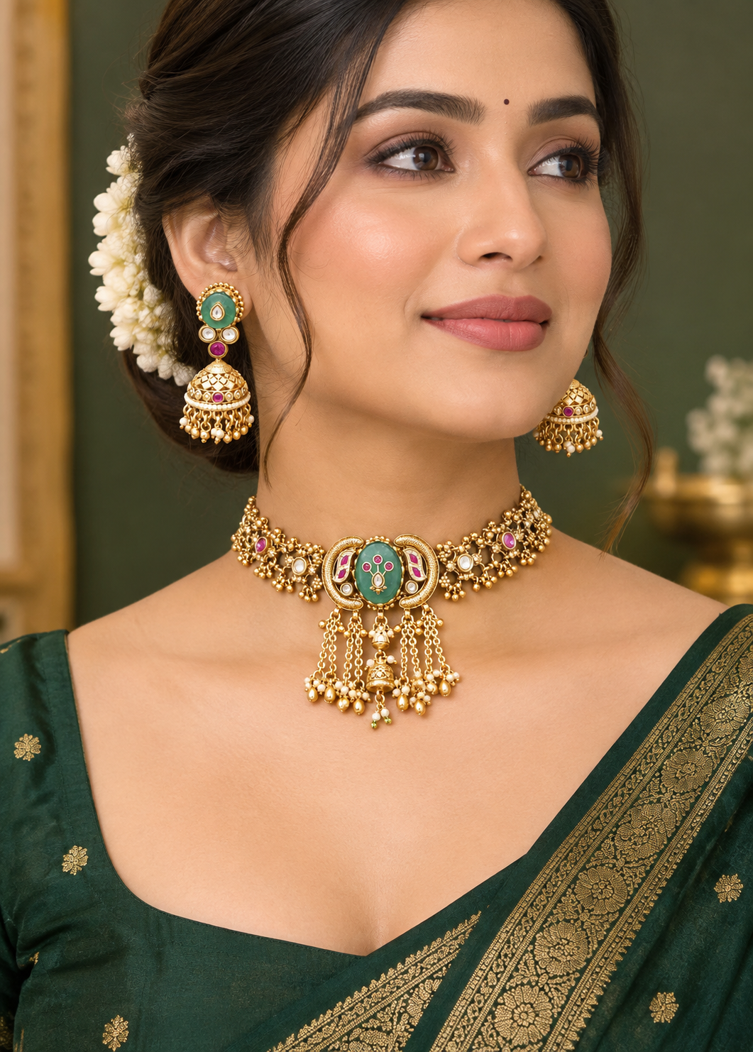 Handcrafted Gold-Plated Green Stone Choker Necklace Set with Earrings