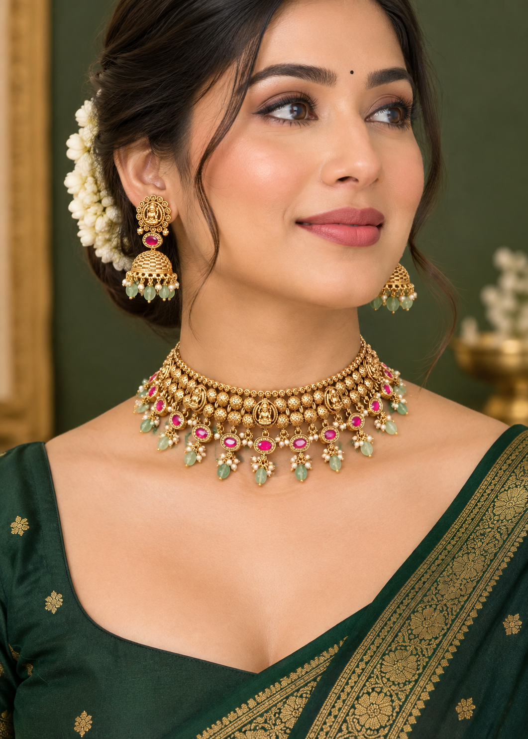 Antique Lakshmi Broad Choker Necklace Set with Jhumkas