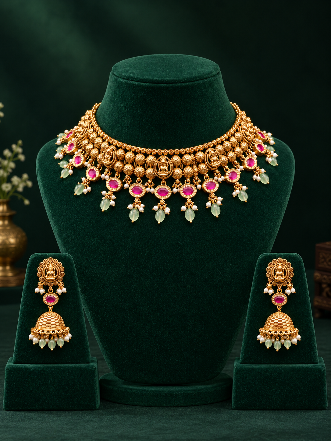 Antique Lakshmi Broad Choker Necklace Set with Jhumkas