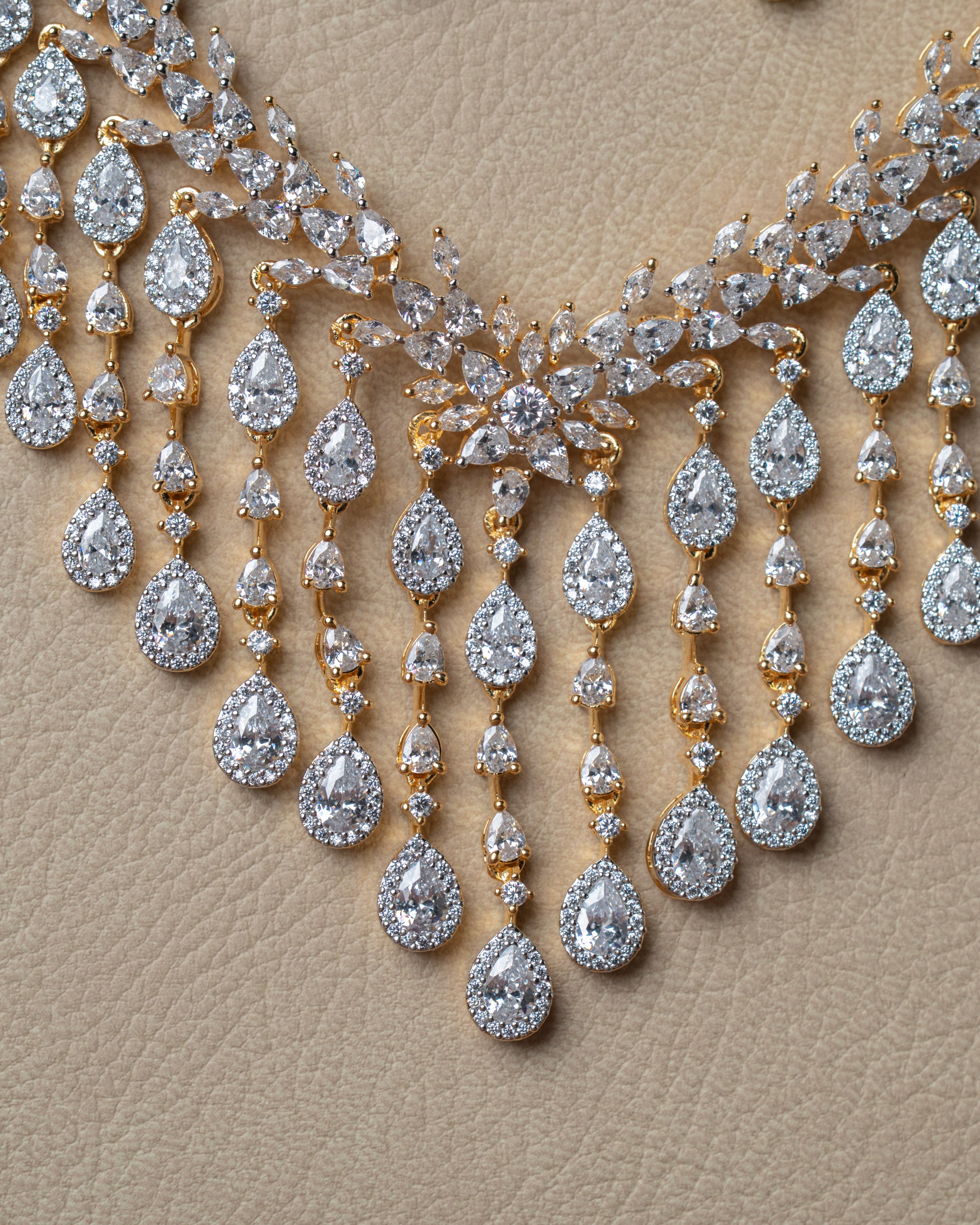Gold-Toned Cubic Zirconia (CZ) Waterfall or Cascading Necklace Set.