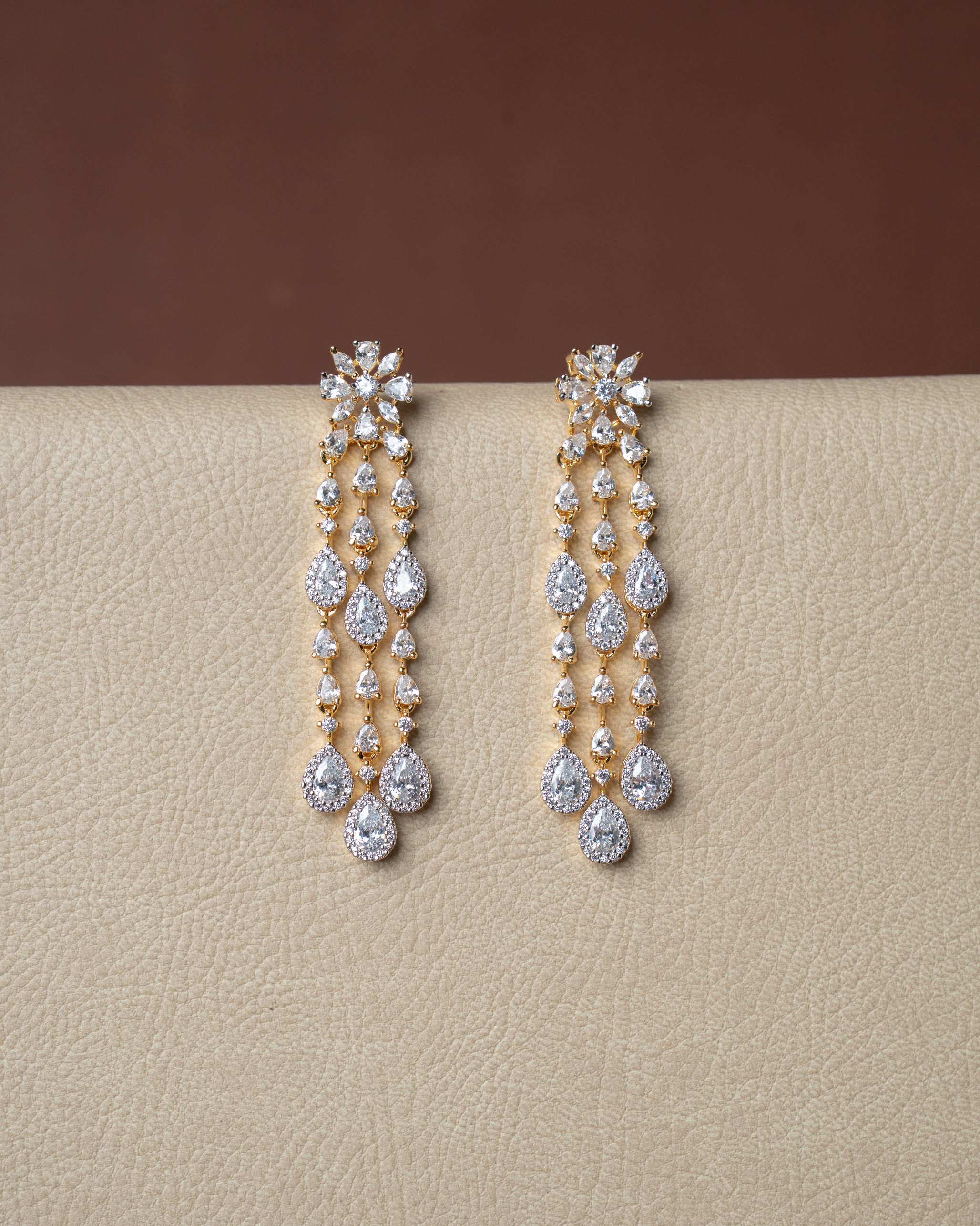 Gold-Toned Cubic Zirconia (CZ) Waterfall or Cascading Necklace Set.